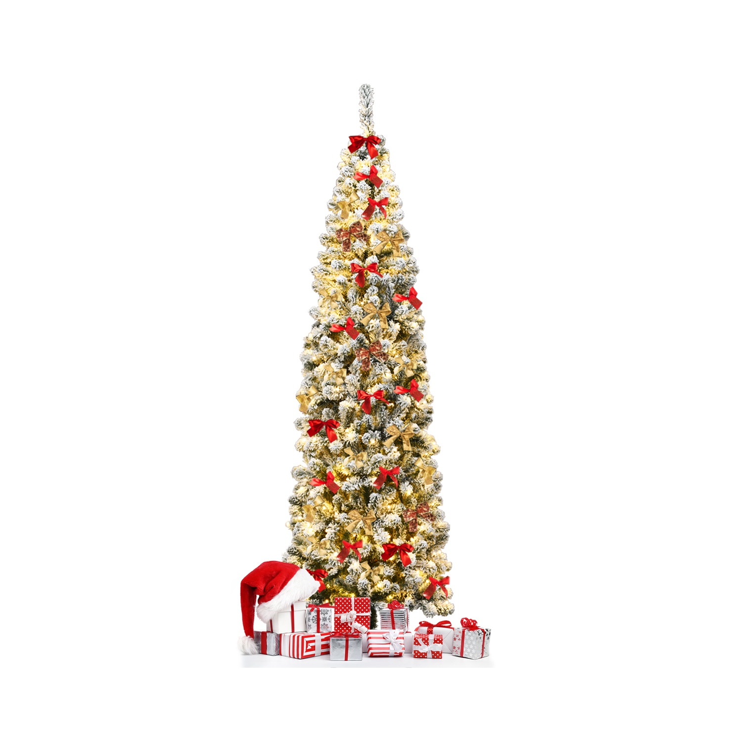 Topbuy 4.5FT/6FT/7.5FT Snow Flocked Pencil Pre-lit Christmas Tree with Flexible Stand Thick Leaves LED Lights