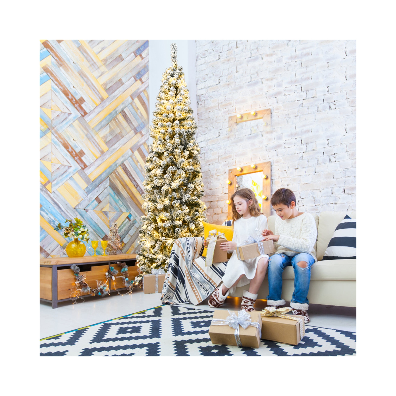 Topbuy 4.5FT/6FT/7.5FT Snow Flocked Pencil Pre-lit Christmas Tree with Flexible Stand Thick Leaves LED Lights