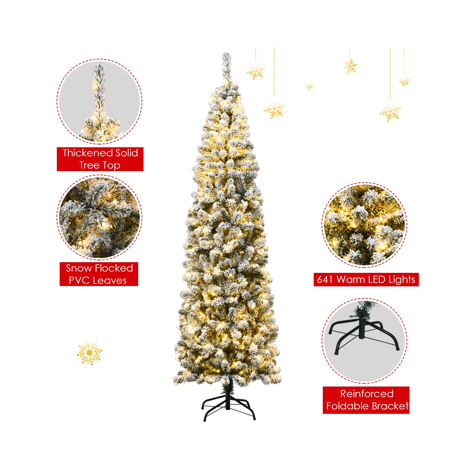 Topbuy 4.5FT/6FT/7.5FT Snow Flocked Pencil Pre-lit Christmas Tree with Flexible Stand Thick Leaves LED Lights