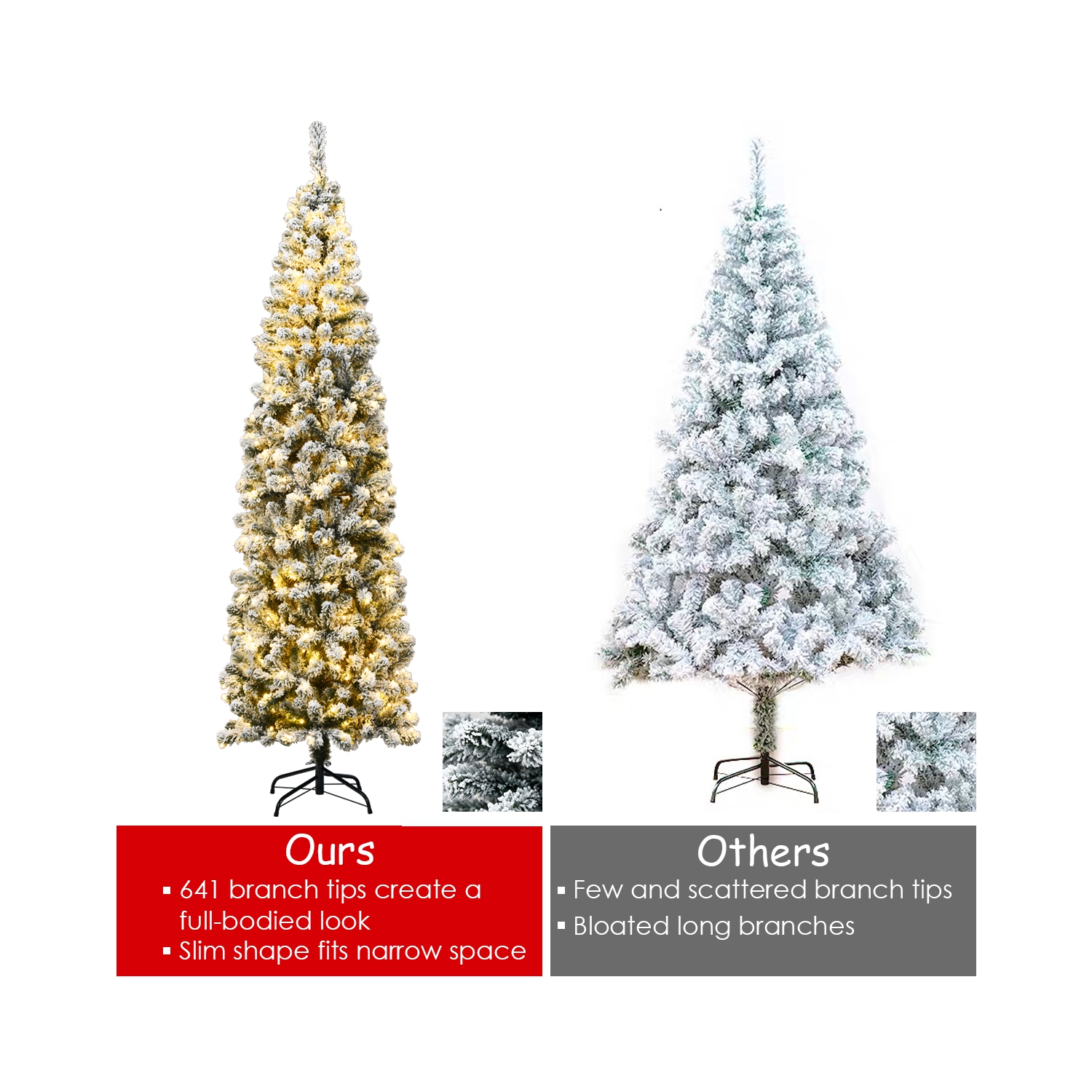 Topbuy 4.5FT/6FT/7.5FT Snow Flocked Pencil Pre-lit Christmas Tree with Flexible Stand Thick Leaves LED Lights