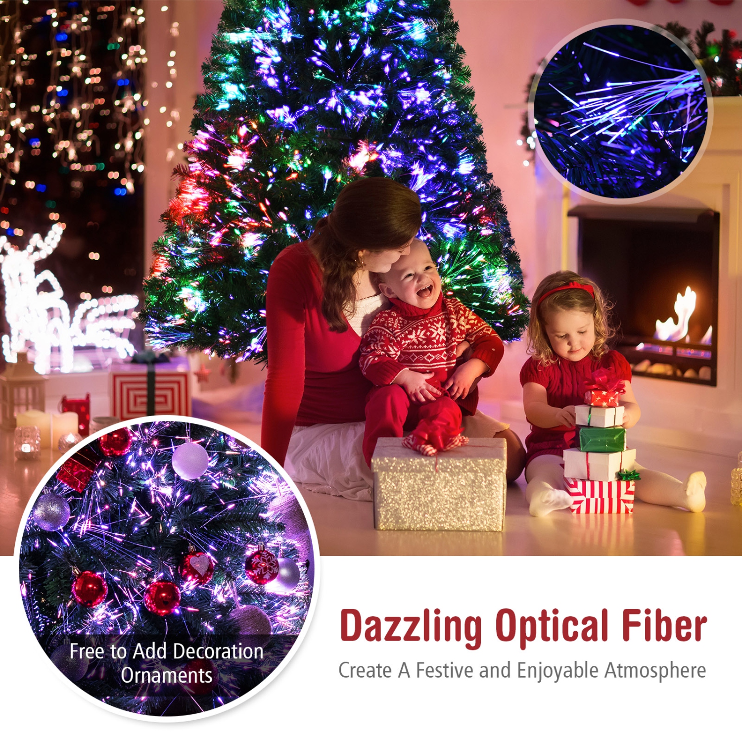 Topbuy 5/6/7FT Arbre de Noël artificiel illuminé, arbre de Noël artificiel en fibre optique en épinette multicolore