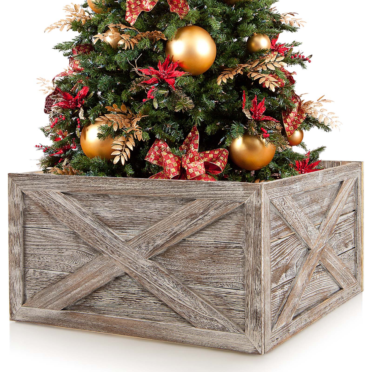 Topbuy 28.5"L Wooden Tree Collar Box 100% Solid Wood Christmas Farmhouse Wooden Tree Box W/ Hook & Loop Fasteners Grey/ Brown