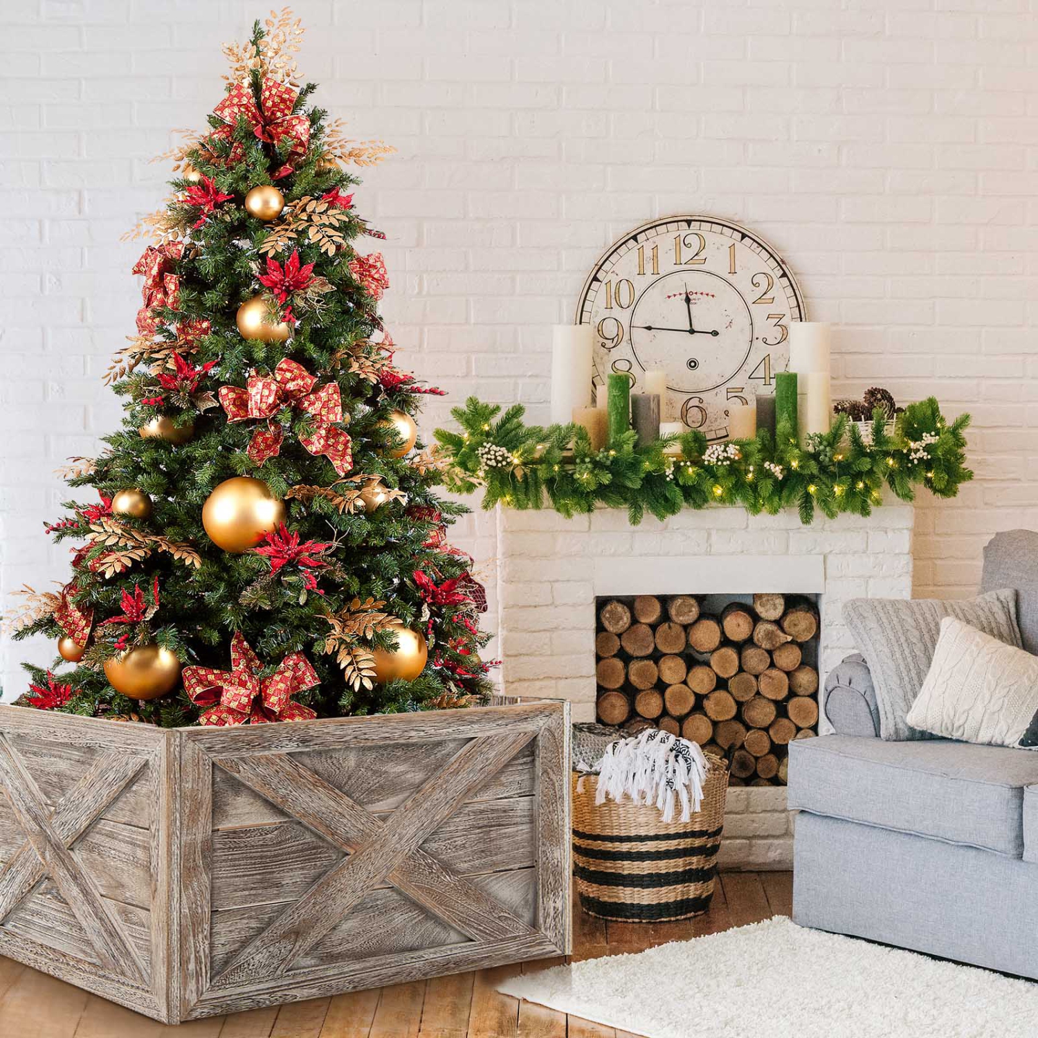 Topbuy 28.5"L Wooden Tree Collar Box 100% Solid Wood Christmas Farmhouse Wooden Tree Box W/ Hook & Loop Fasteners Grey/ Brown