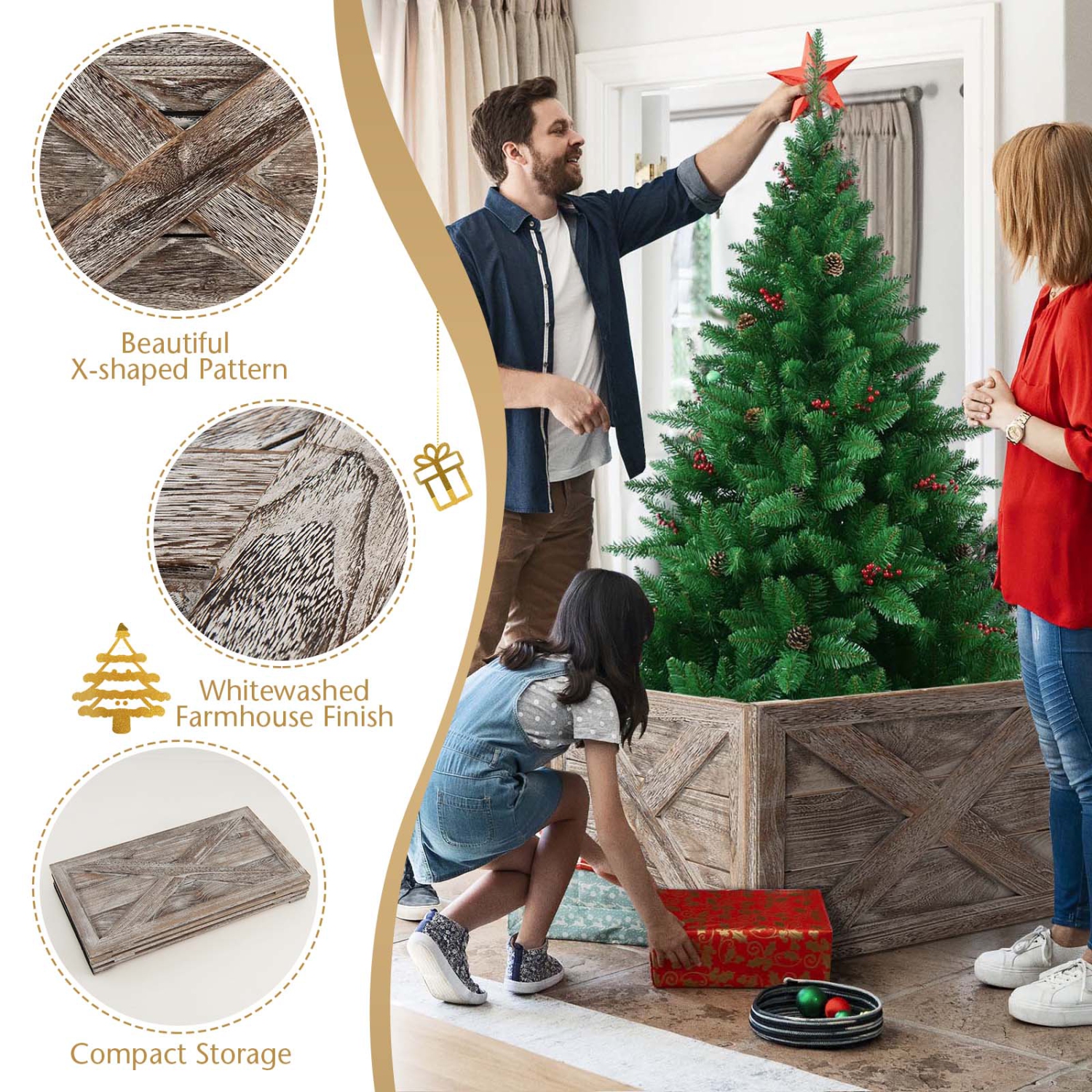 Topbuy 28.5"L Wooden Tree Collar Box 100% Solid Wood Christmas Farmhouse Wooden Tree Box W/ Hook & Loop Fasteners Grey/ Brown