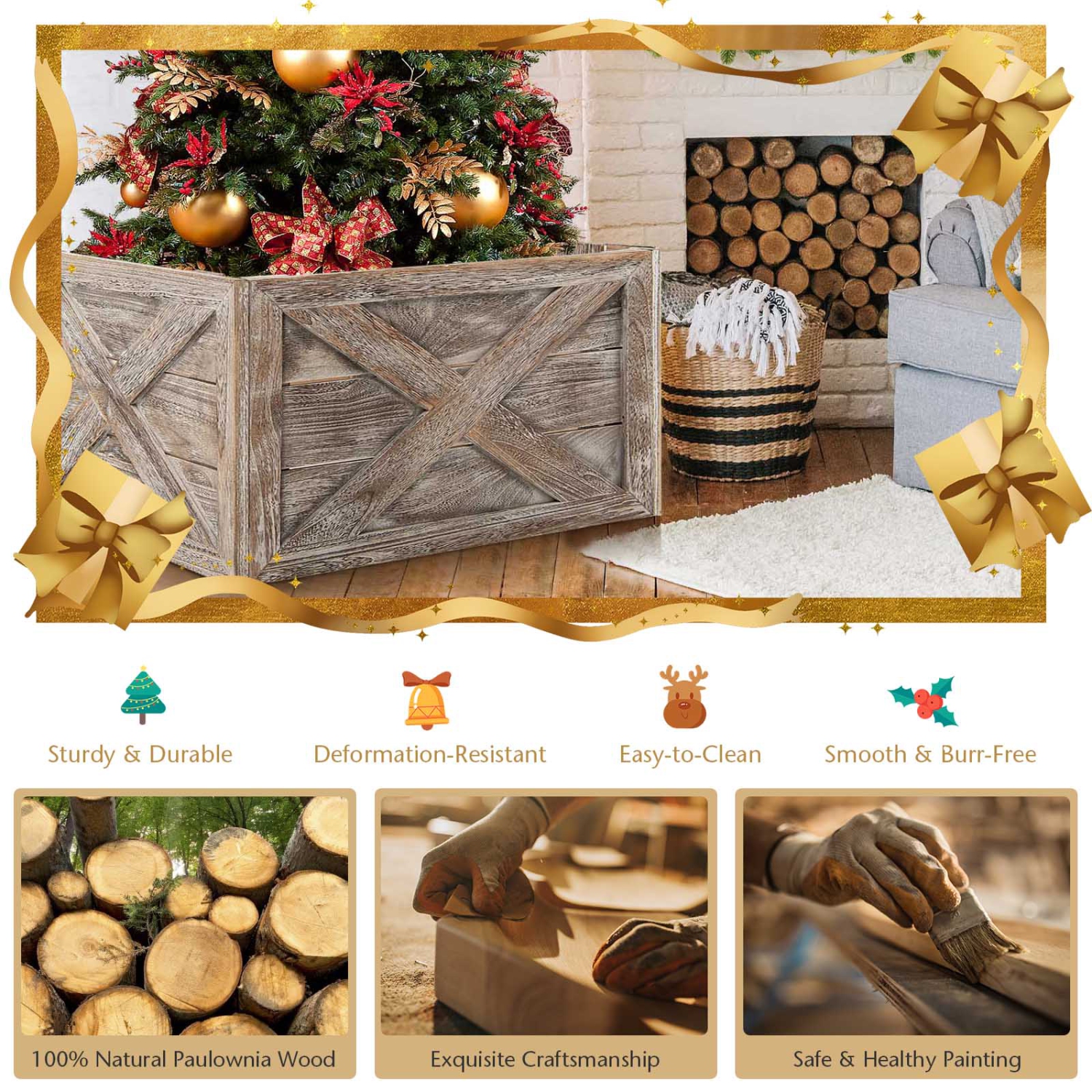 Topbuy 28.5"L Wooden Tree Collar Box 100% Solid Wood Christmas Farmhouse Wooden Tree Box W/ Hook & Loop Fasteners Grey/ Brown