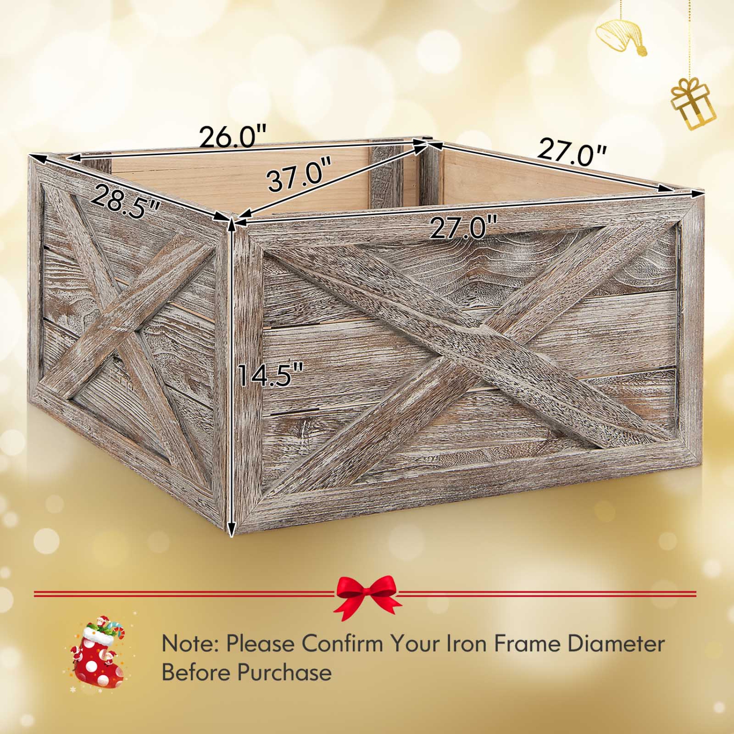 Topbuy 28.5"L Wooden Tree Collar Box 100% Solid Wood Christmas Farmhouse Wooden Tree Box W/ Hook & Loop Fasteners Grey/ Brown