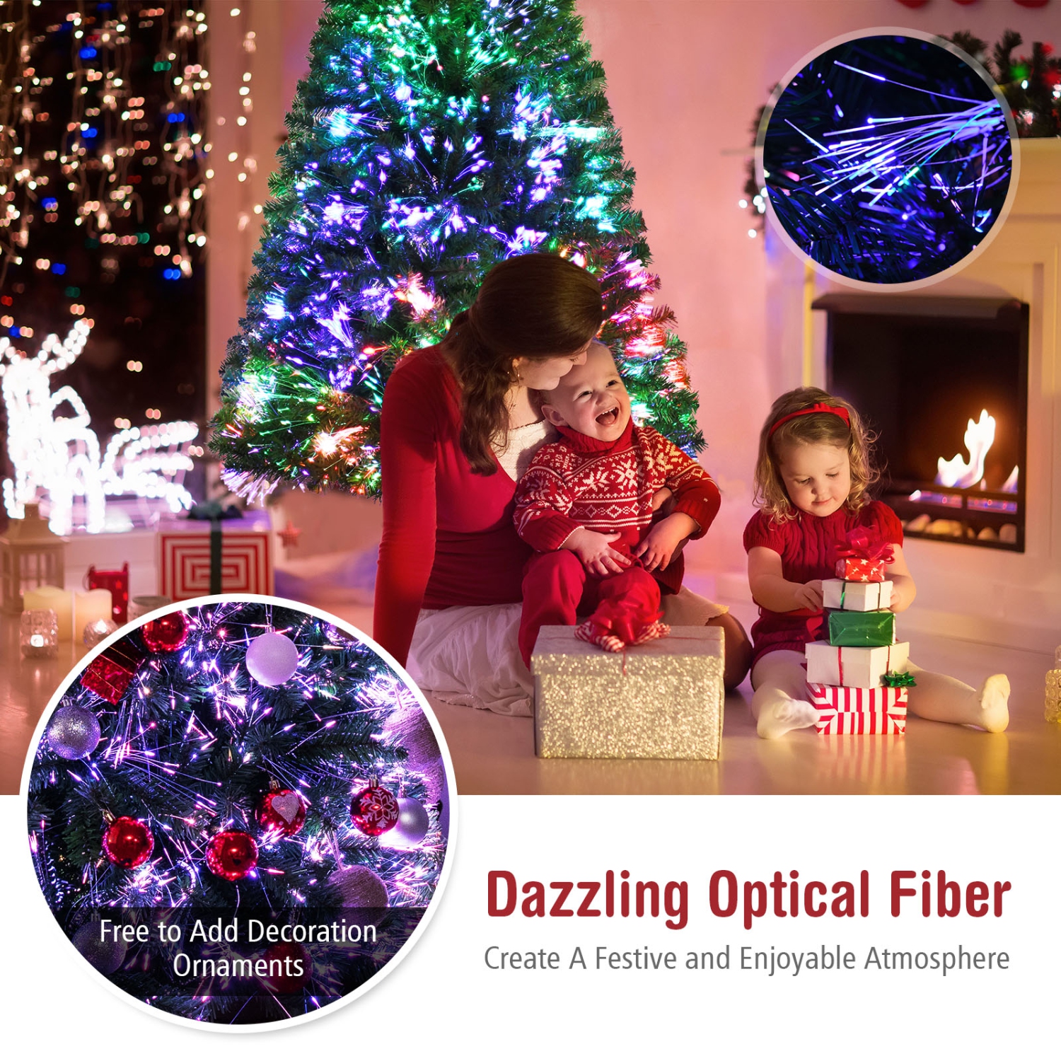 Topbuy 5/6/7FT Pre-lit Artificial Christmas Tree, Multi-Colored Fiber Optic Spruce Tree Artificial Xmas Tree