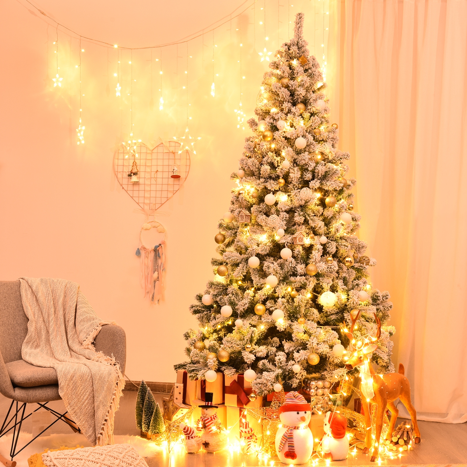 Topbuy 4.5FT/6FT/7.5FT Artificial Hinged Christmas Pines Tree Snow Flocked Decoration Tree