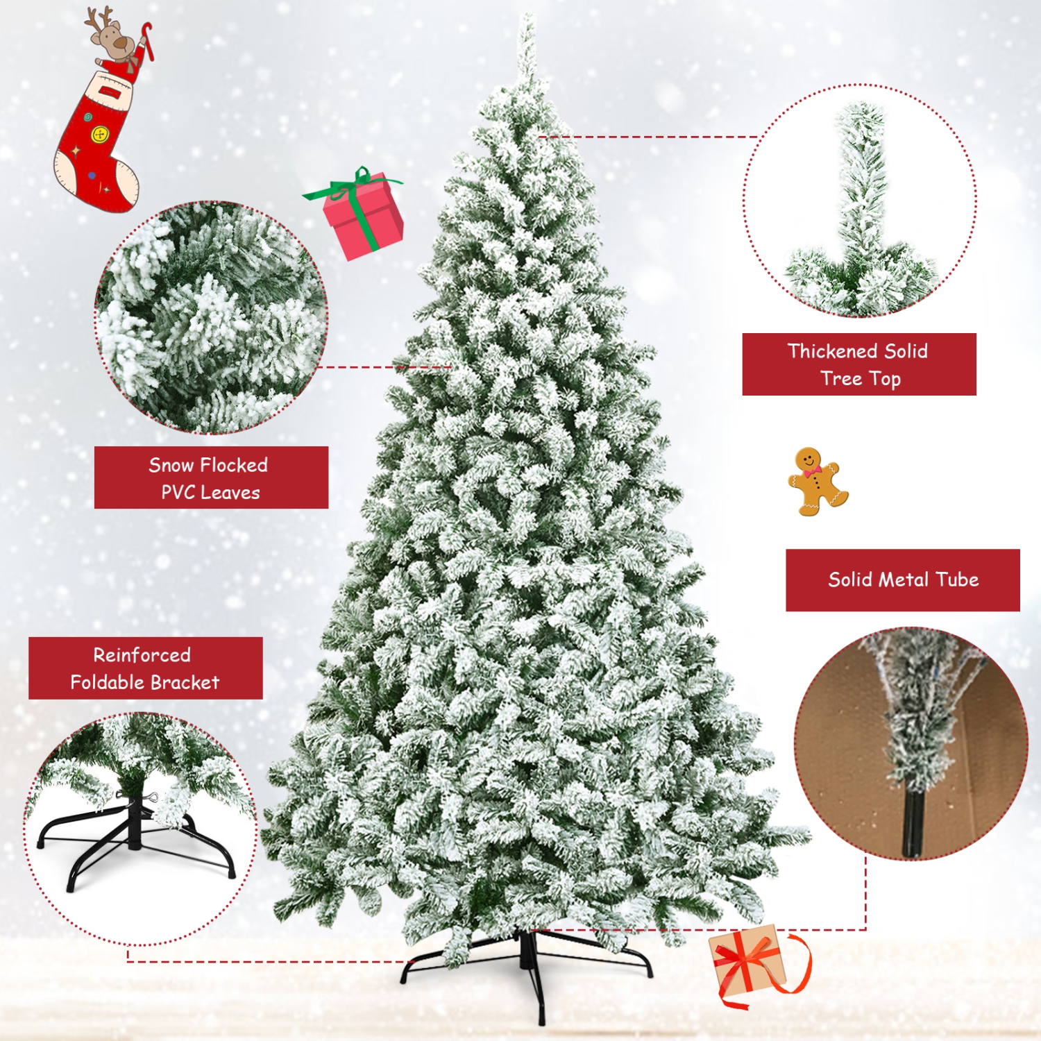 Topbuy 4.5FT/6FT/7.5FT Artificial Hinged Christmas Pines Tree Snow Flocked Decoration Tree