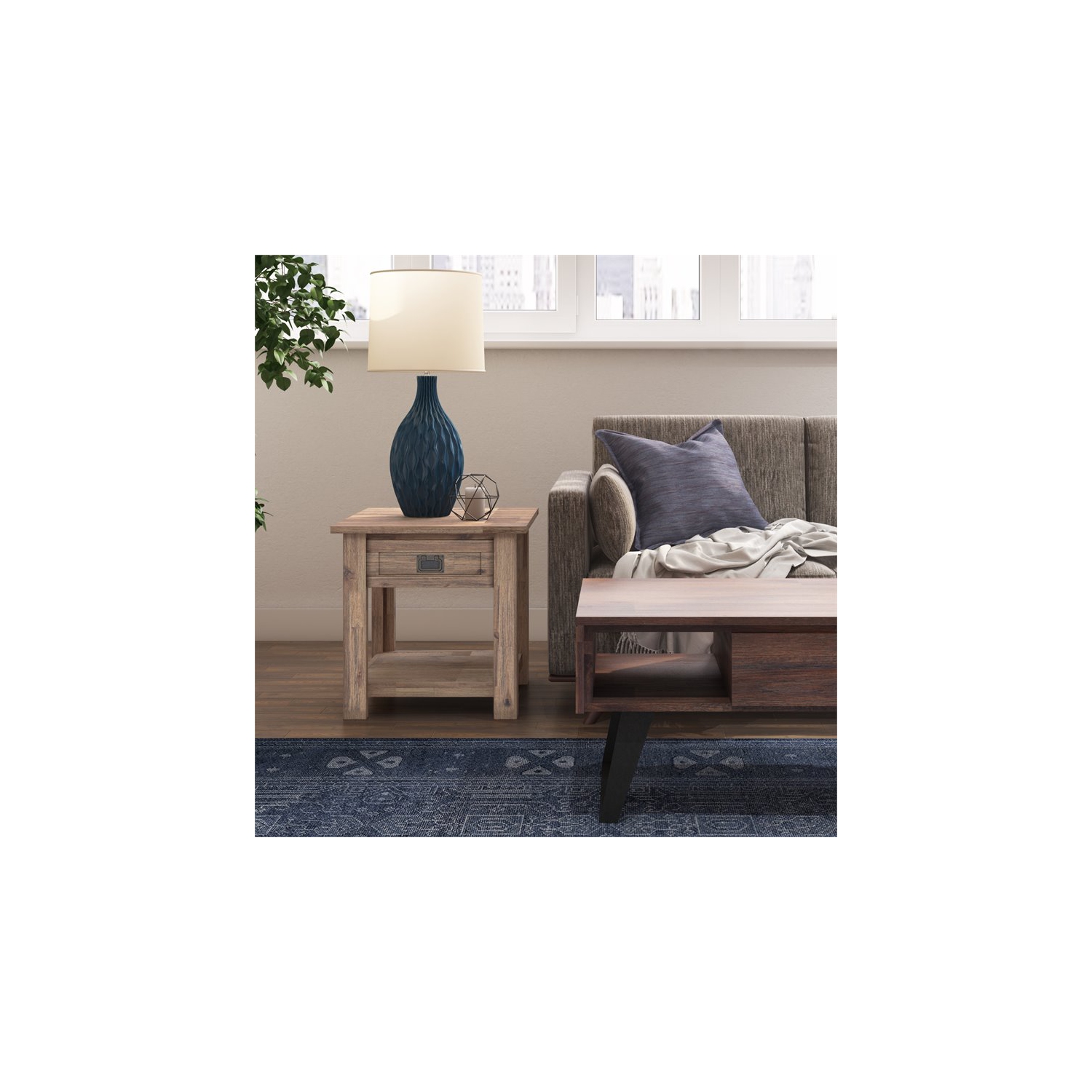 Simpli Home Monroe 22" Square Rustic Solid Wood End Table in Rustic Aged Brown