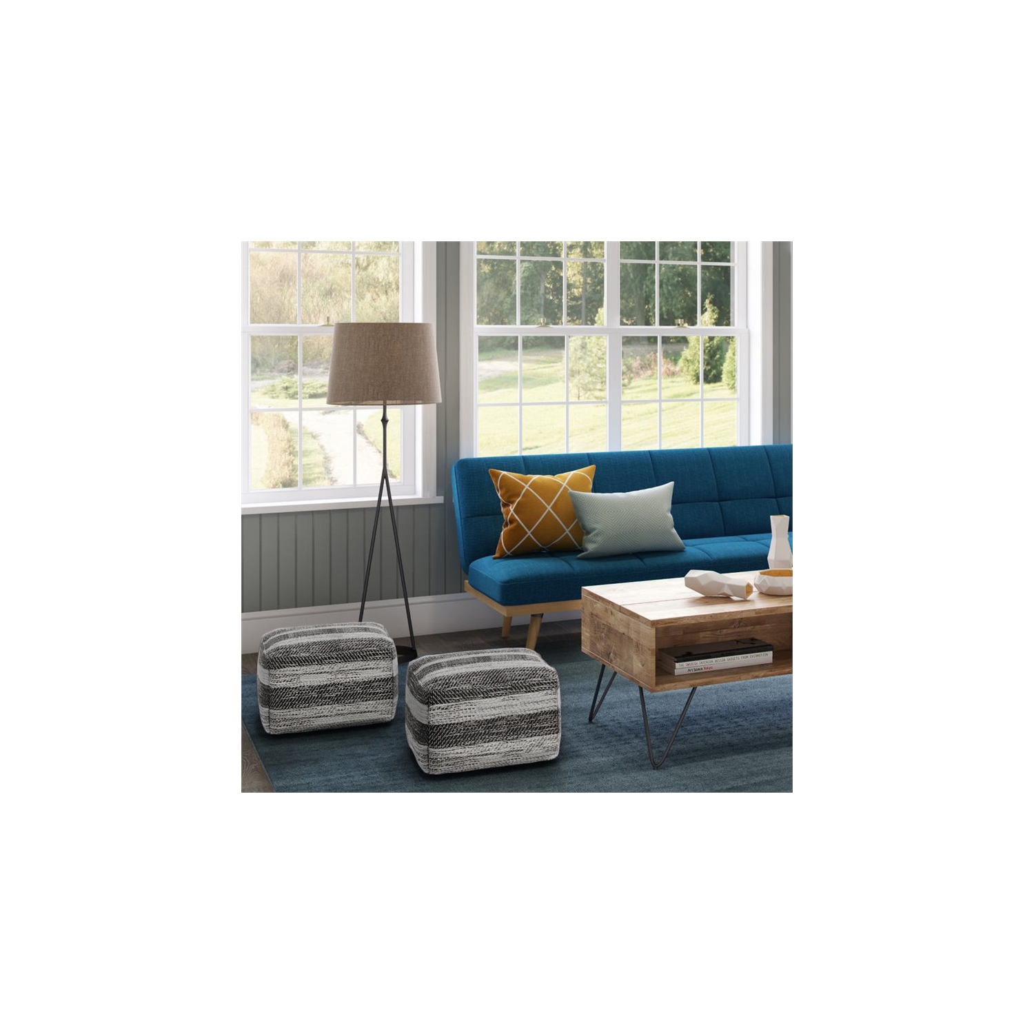 Simpli Home Clay Boho Square Pouf in Gray Melange Cotton