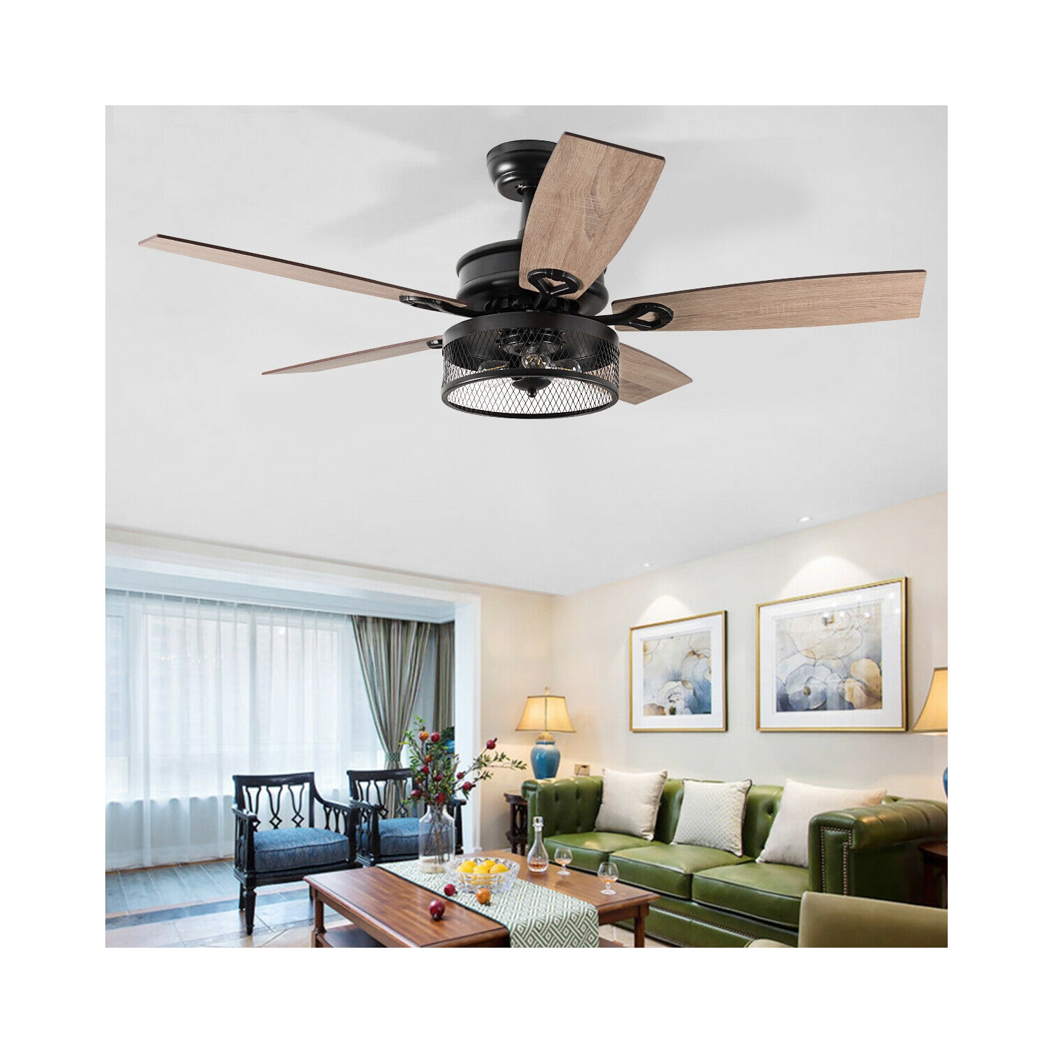 Gymax 48'' Ceiling Fan Industrial Cage Light w/ Reversible Blades Remote Control Indoor