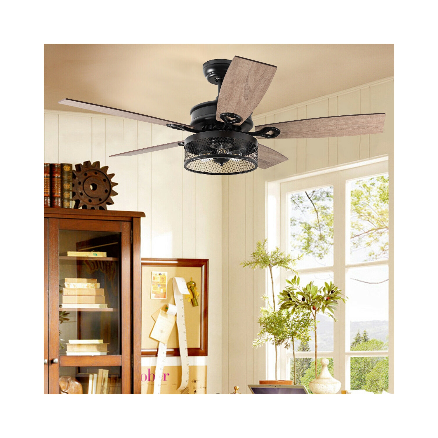 Gymax 48'' Ceiling Fan Industrial Cage Light w/ Reversible Blades Remote Control Indoor