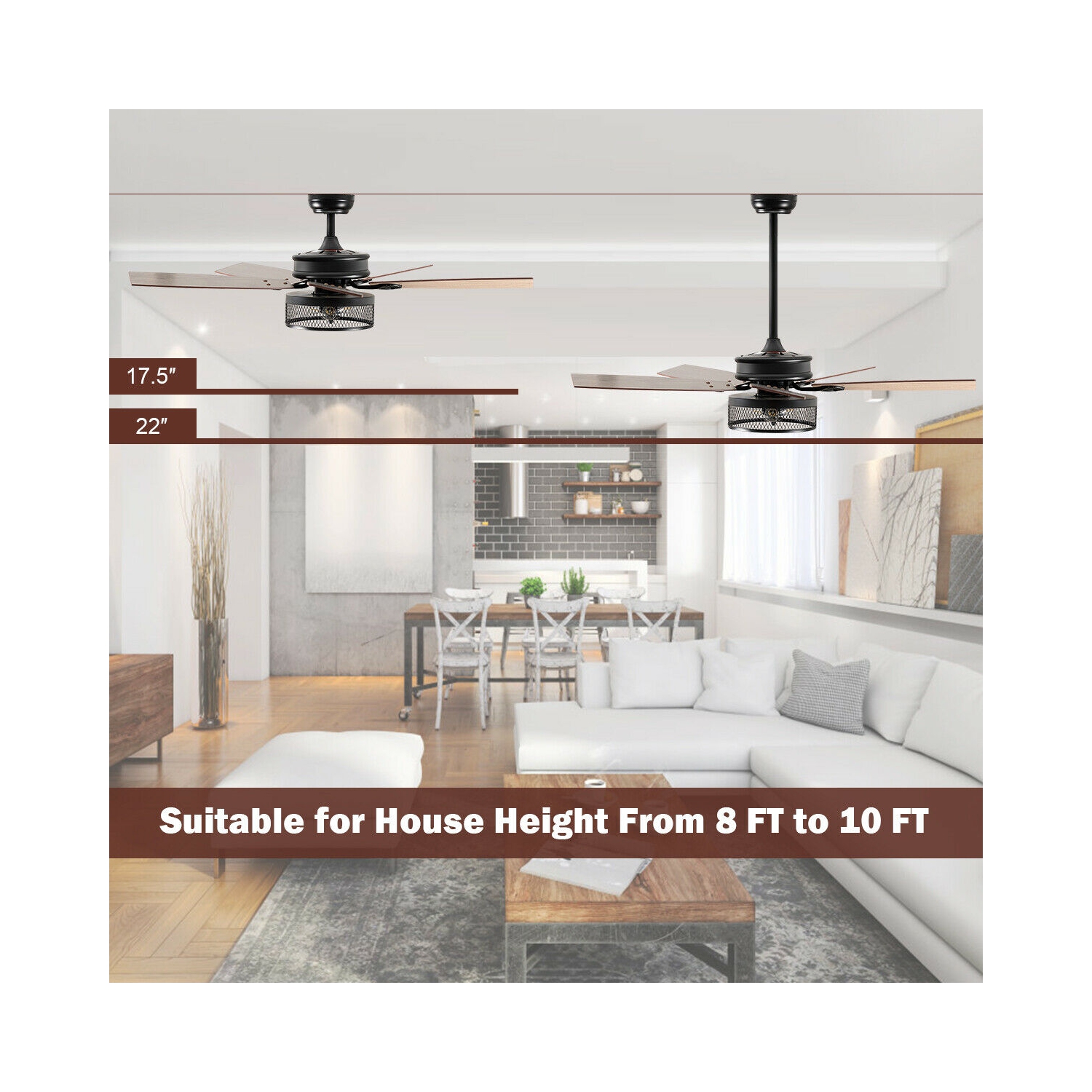 Gymax 48'' Ceiling Fan Industrial Cage Light w/ Reversible Blades Remote Control Indoor