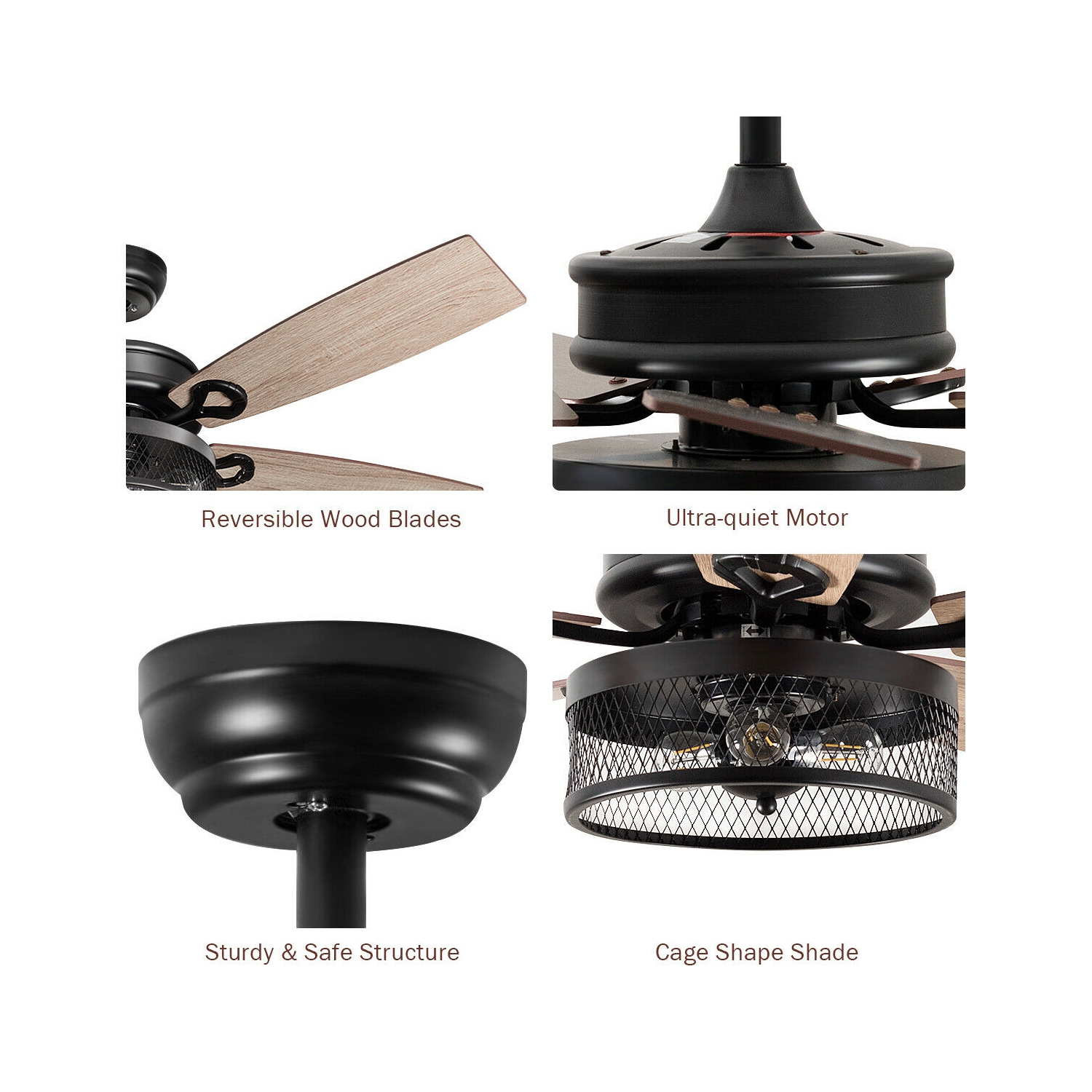 Gymax 48'' Ceiling Fan Industrial Cage Light w/ Reversible Blades Remote Control Indoor