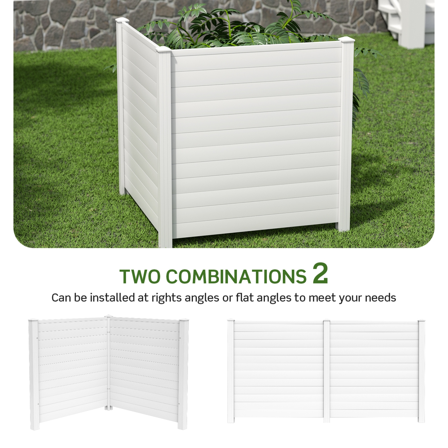 Topbuy Outdoor Privacy Fence Panel 2 Picket PVC Decorative Fence w/3 Cuspidal Stakes Trash Enclosure & Air Conditioner Freestanding Fence for Garden