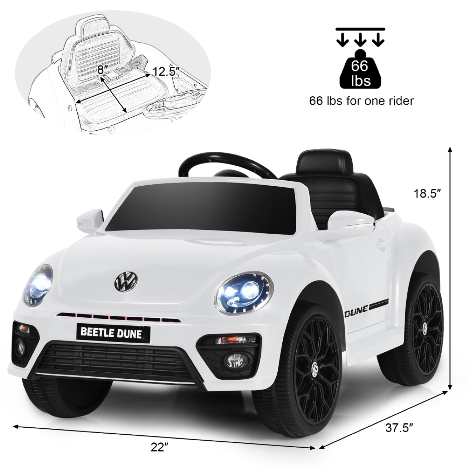 TopBuy – jouet électrique pour enfants Volkswagen Beetle 12 avec télécommande, blanc/rose/rouge