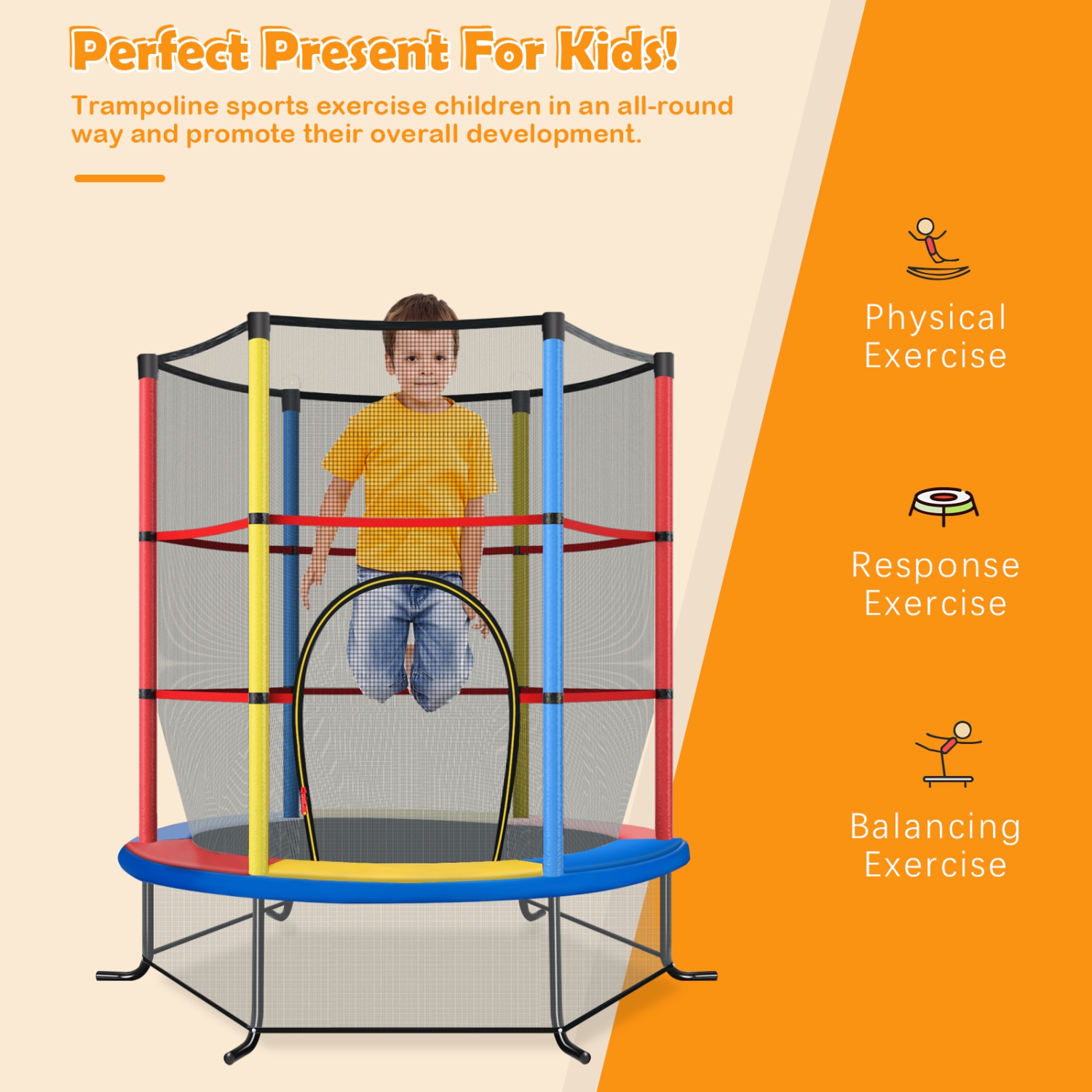 Topbuy 55" Kids Jumping Exercise ASTM Certified Approved Mini Recreational Hexagonal Shape Toddler Trampolines for Kids Toy Birthday Gift