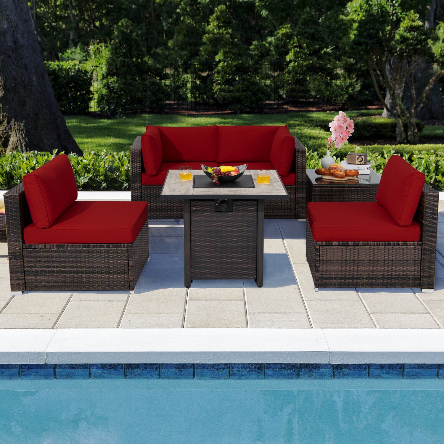 Patiojoy 6 PCS Patio Wicker Furniture Set With 30" Gas Fire Pit Table 50,000 BTU Black/Red/Turquoise/Navy/White Cushions