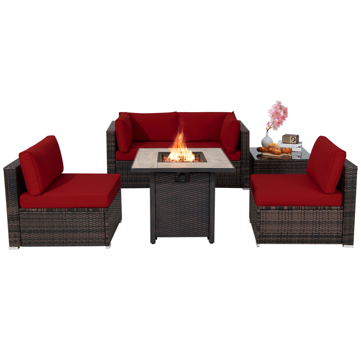 Patiojoy 6 PCS Patio Wicker Furniture Set With 30" Gas Fire Pit Table 50,000 BTU Black/Red/Turquoise/Navy/White Cushions