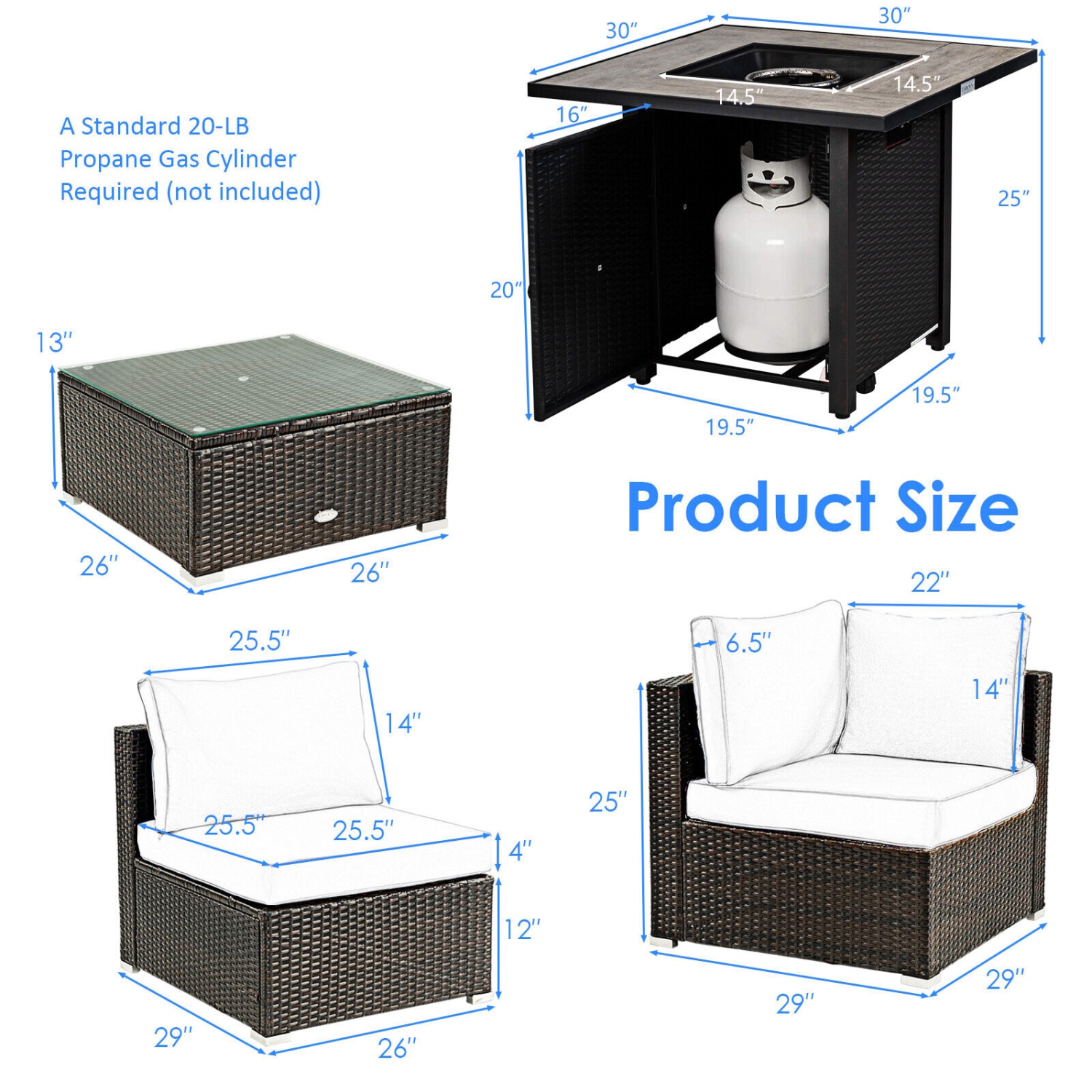 Patiojoy 6 PCS Patio Wicker Furniture Set With 30" Gas Fire Pit Table 50,000 BTU Black/Red/Turquoise/Navy/White Cushions