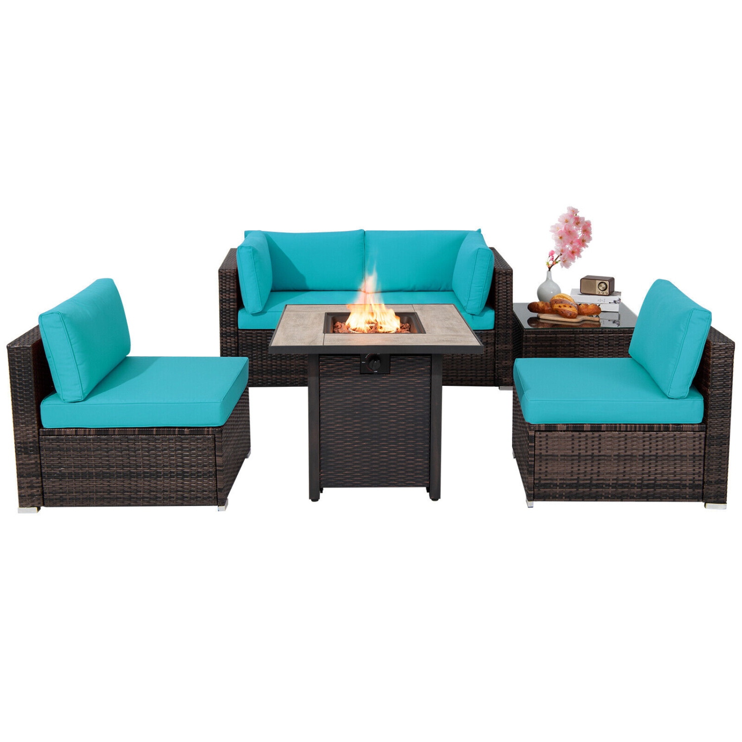 Patiojoy 6 PCS Patio Wicker Furniture Set With 30" Gas Fire Pit Table 50,000 BTU Black/Red/Turquoise/Navy/White Cushions