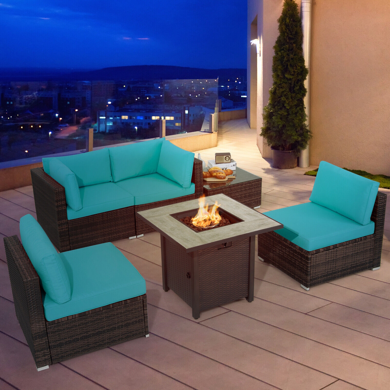 Patiojoy 6 PCS Patio Wicker Furniture Set With 30" Gas Fire Pit Table 50,000 BTU Black/Red/Turquoise/Navy/White Cushions