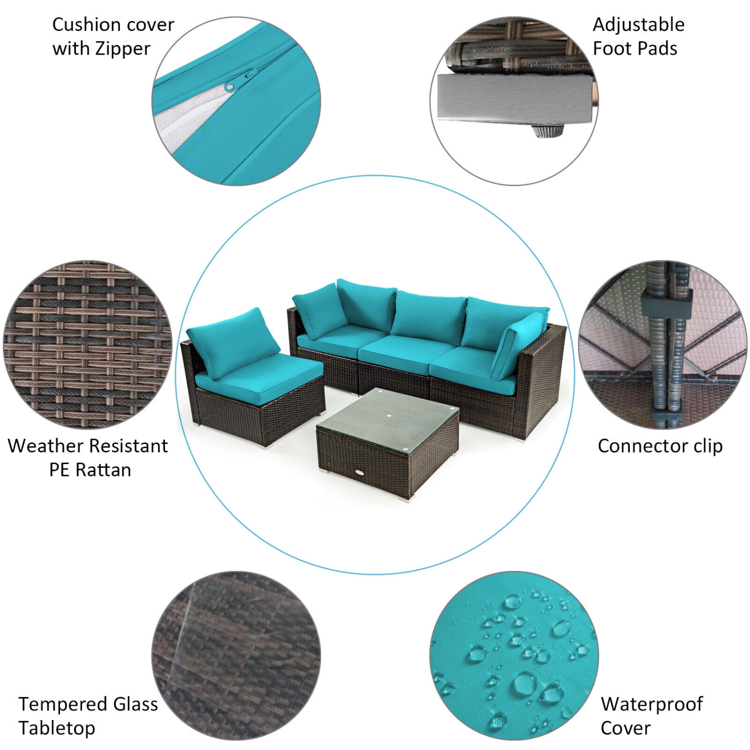 Patiojoy 6 PCS Patio Wicker Furniture Set With 30" Gas Fire Pit Table 50,000 BTU Black/Red/Turquoise/Navy/White Cushions