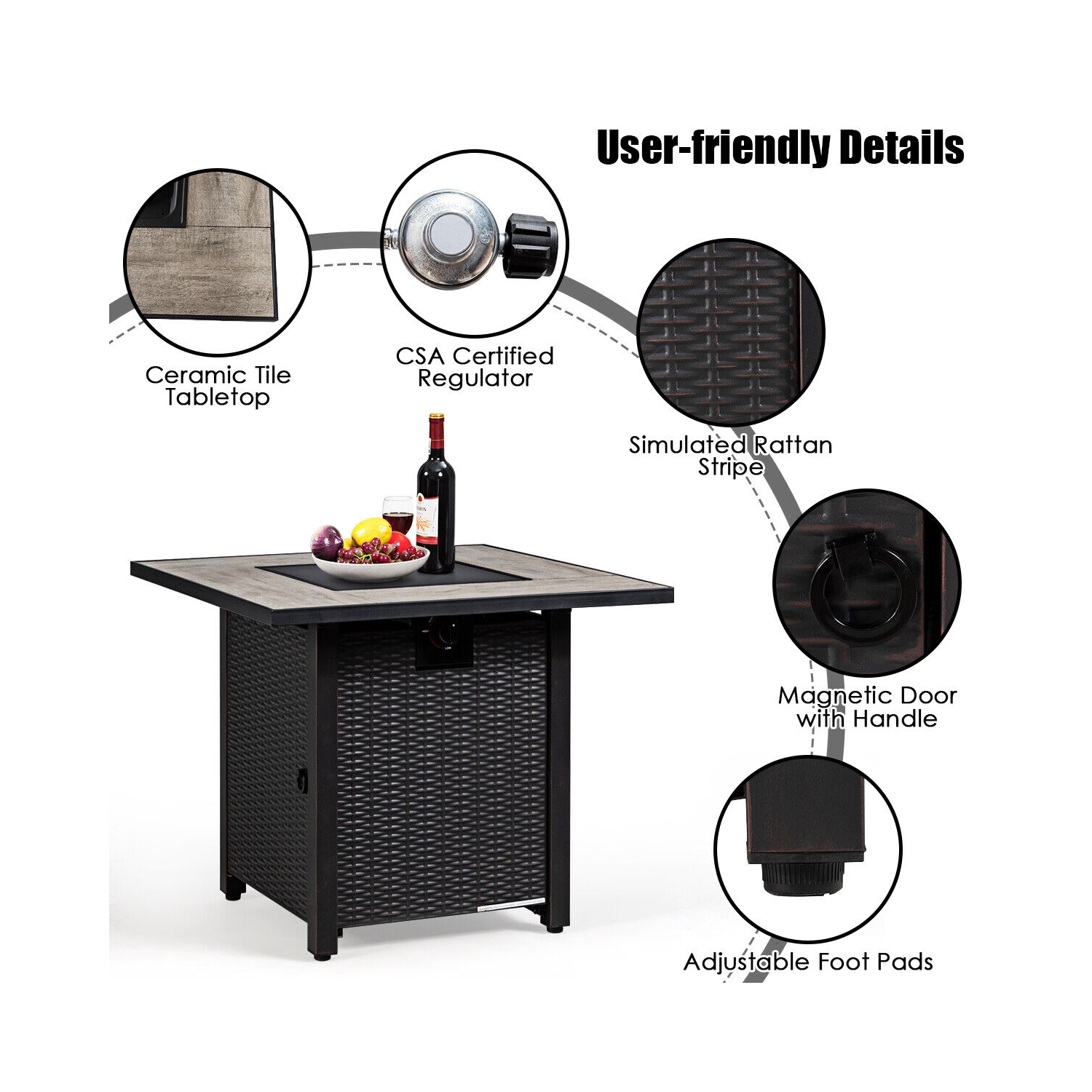 Patiojoy 6 PCS Patio Wicker Furniture Set With 30" Gas Fire Pit Table 50,000 BTU Black/Red/Turquoise/Navy/White Cushions