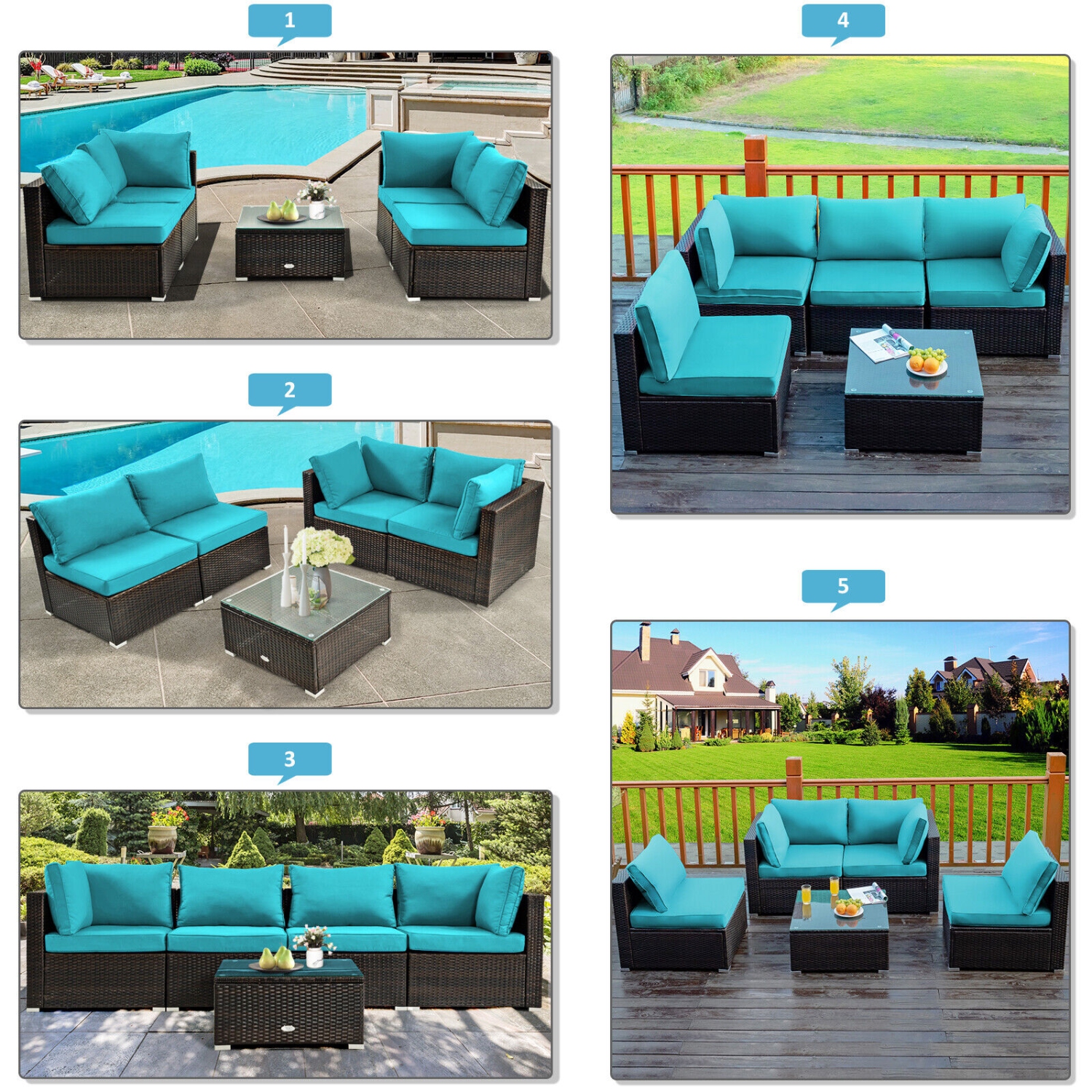 Patiojoy 6 PCS Patio Wicker Furniture Set With 30" Gas Fire Pit Table 50,000 BTU Black/Red/Turquoise/Navy/White Cushions