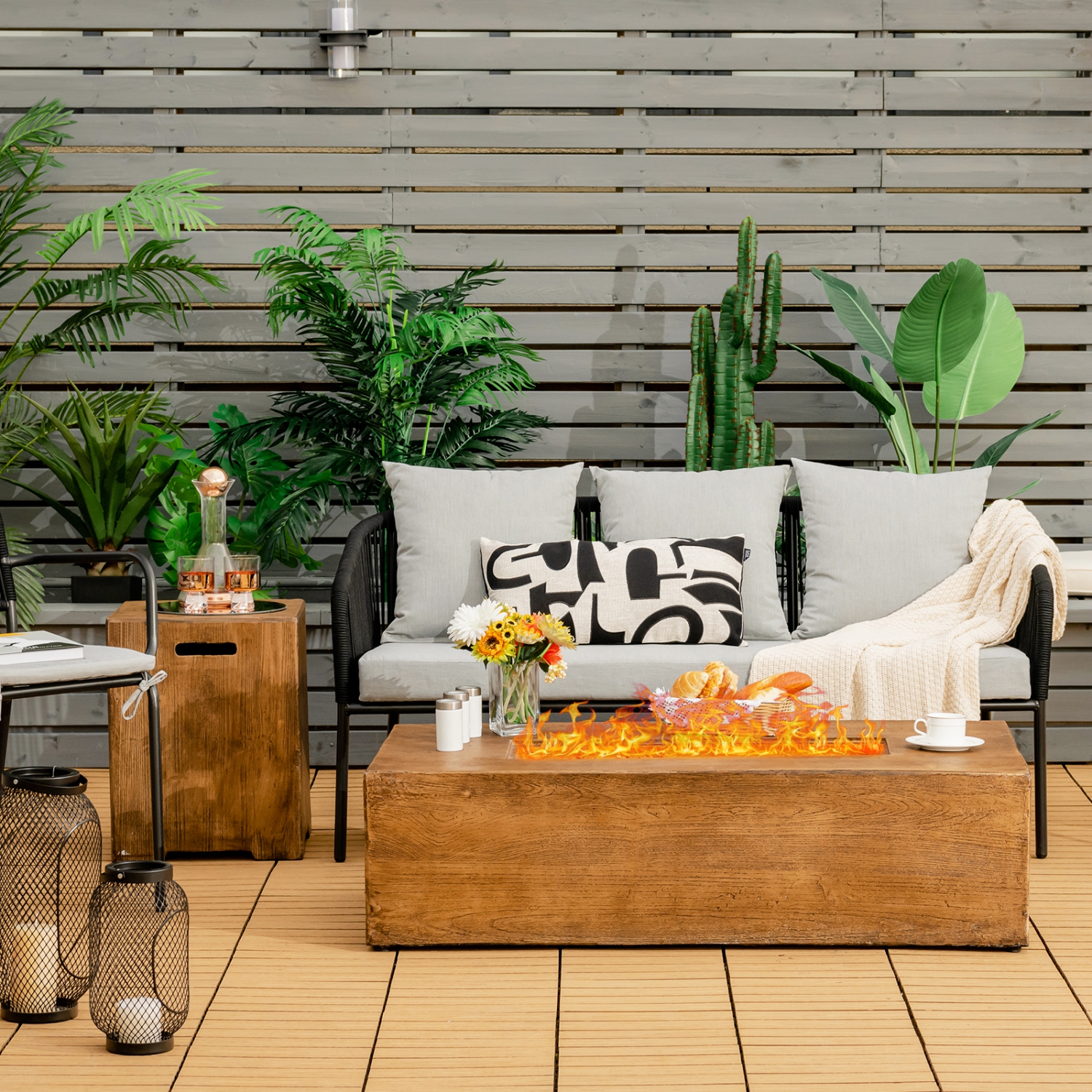 Patiojoy 2-Piece 48" Propane Fire Pit Table Rectangular 50,000 BTU w/20 Gallon Tank Side Table for Courtyard Balcony Garden