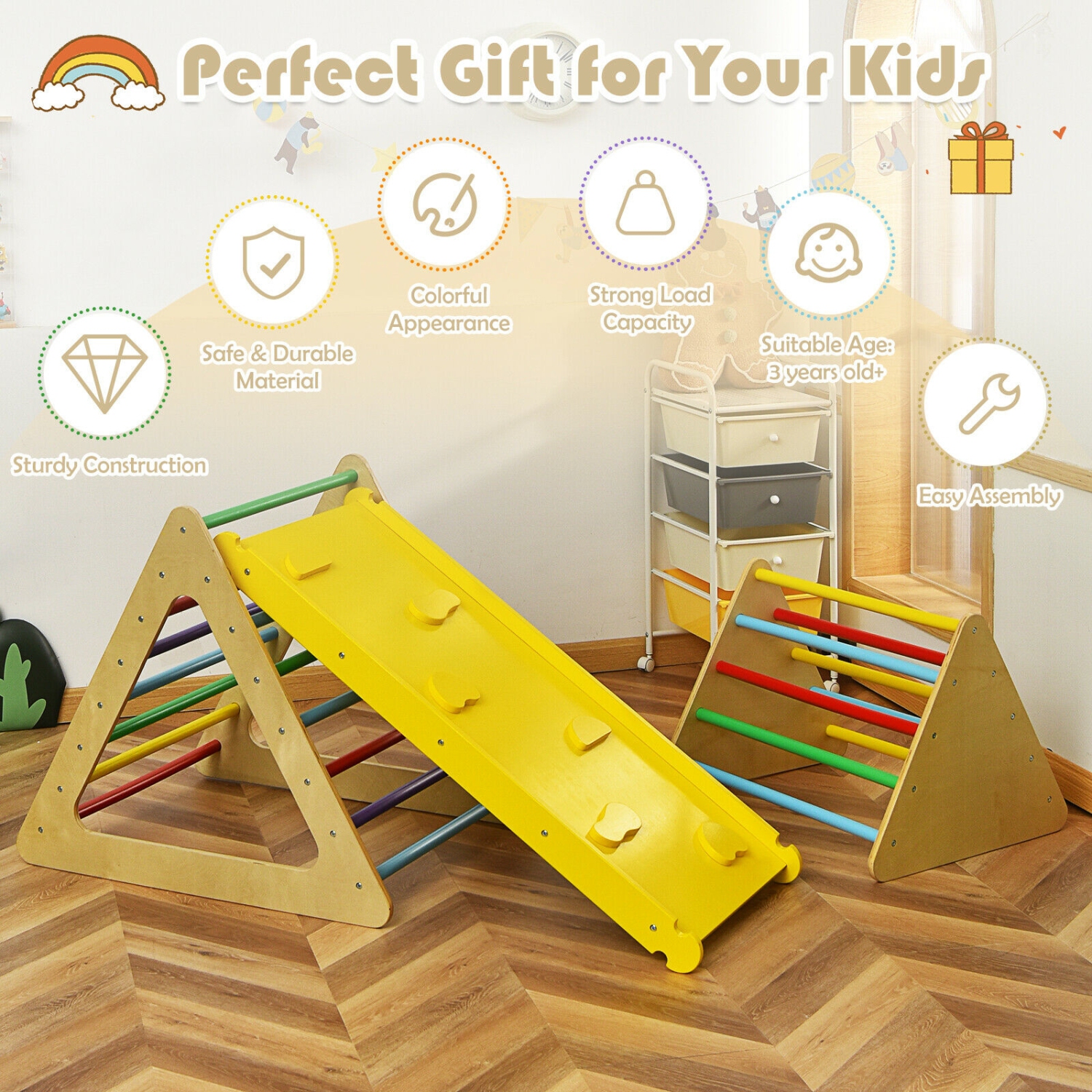 3 in 1 Kids Climbing Ladder Set 2 Triangle Climbers with Ramp for Sliding