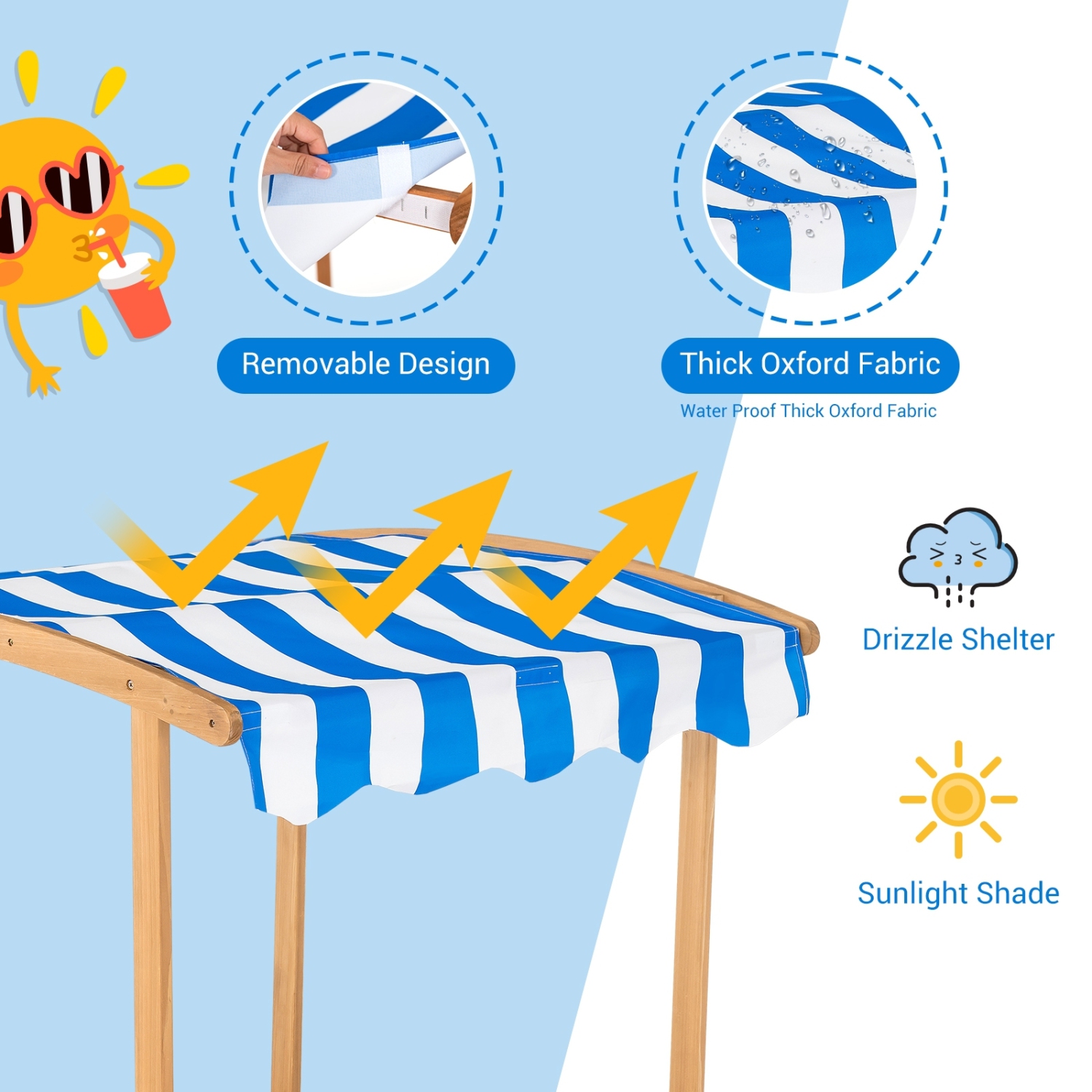 Bac à sable en bois avec auvent rayé pour enfants