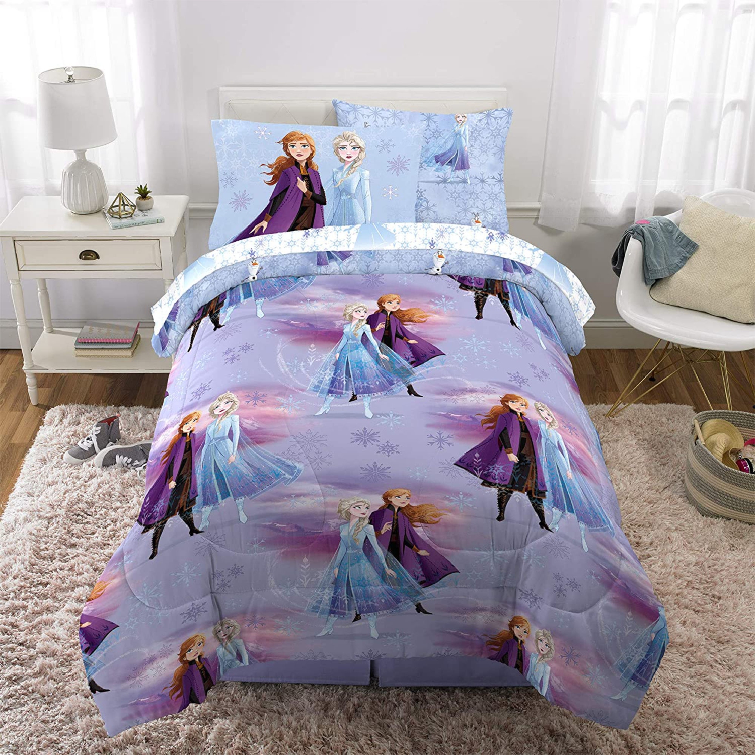 Ensemble de draps la Reine des Neiges pour lit 1 place - 5 draps avec couvre-lit réversible - Ensemble de draps pour enfants Taie d'oreiller plate