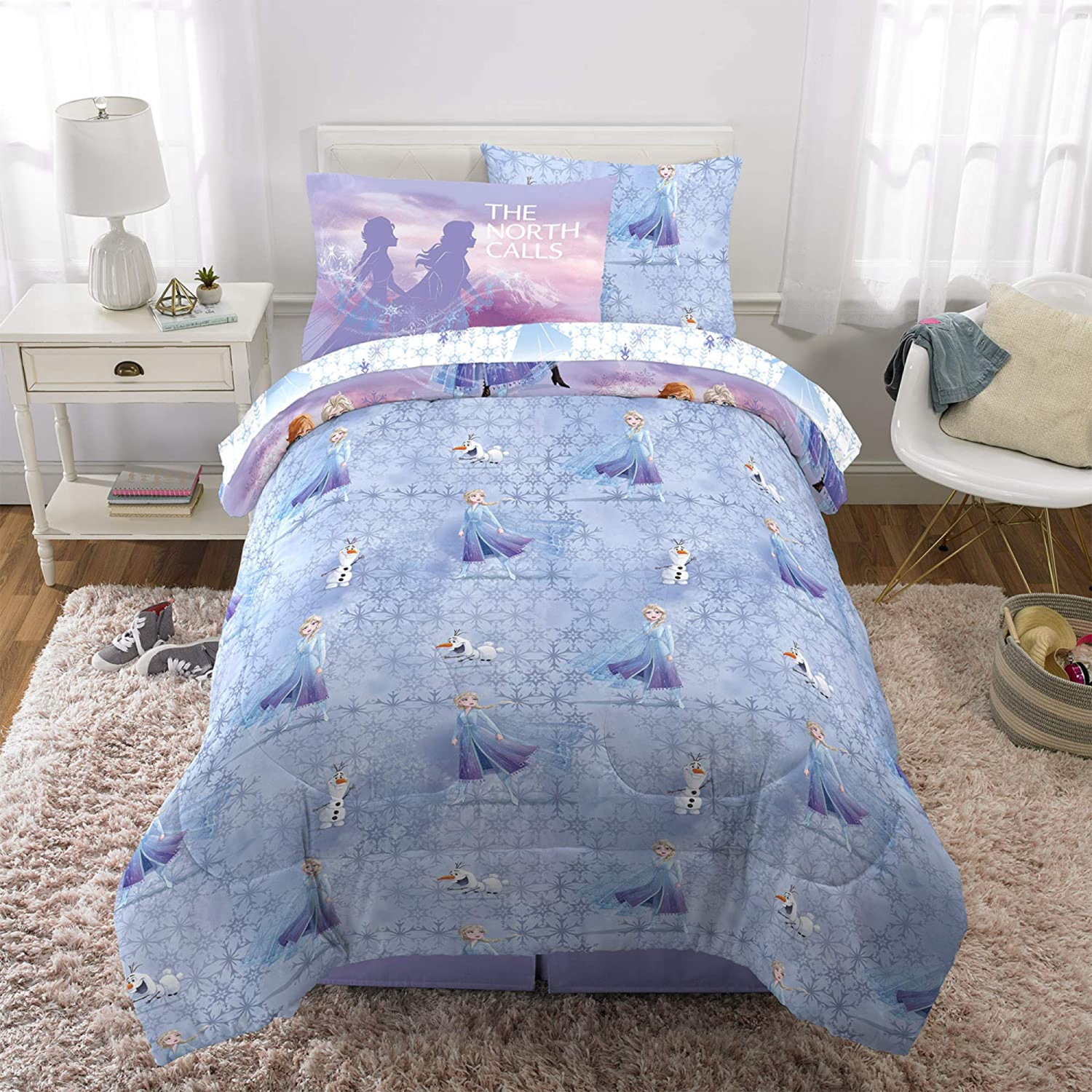 Ensemble de draps la Reine des Neiges pour lit 1 place - 5 draps avec couvre-lit réversible - Ensemble de draps pour enfants Taie d'oreiller plate