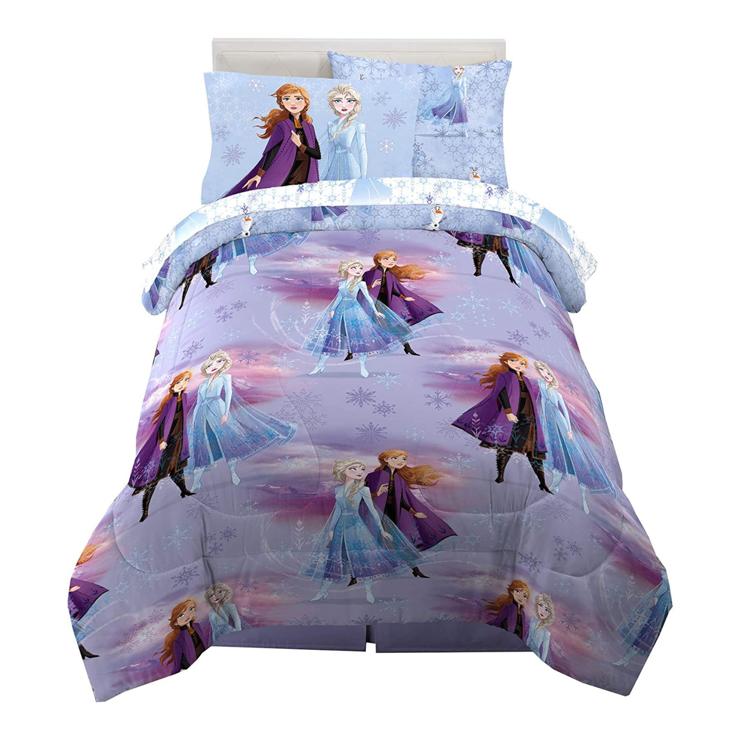 Ensemble de draps la Reine des Neiges pour lit 1 place - 5 draps avec couvre-lit réversible - Ensemble de draps pour enfants Taie d'oreiller plate