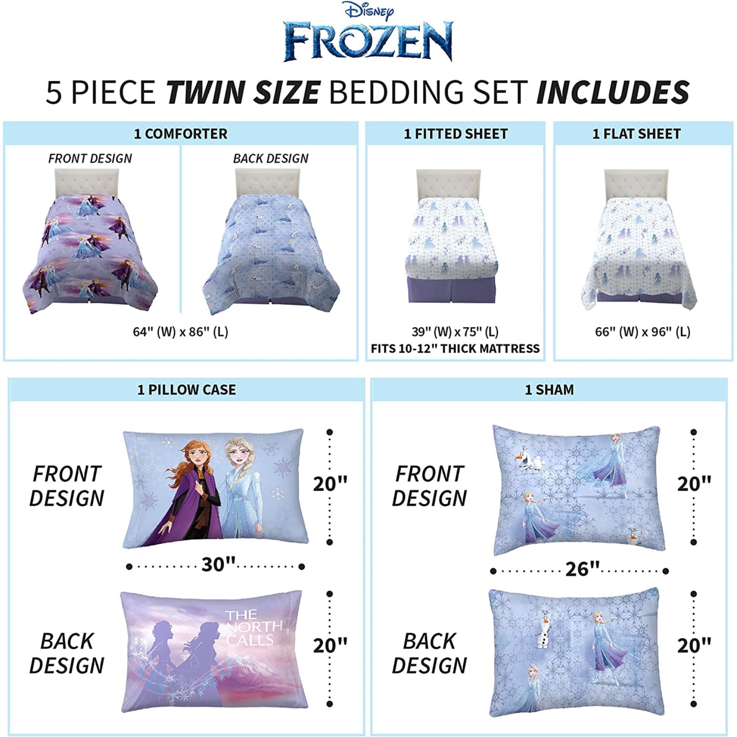 Ensemble de draps la Reine des Neiges pour lit 1 place - 5 draps avec couvre-lit réversible - Ensemble de draps pour enfants Taie d'oreiller plate