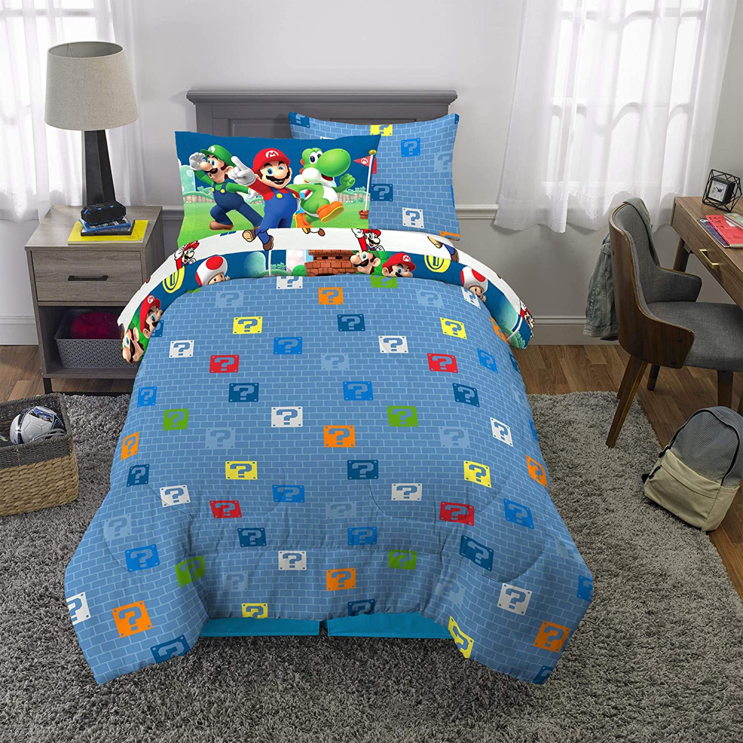 Super Mario Twin Sheet Set - 5 Pcs Bed Sheet with Reversible Comforter - Kids Bedding Sheet Set Flat Fitted Pillowcase with Printed Characters Mario, Luigi, Yoshi and Toad