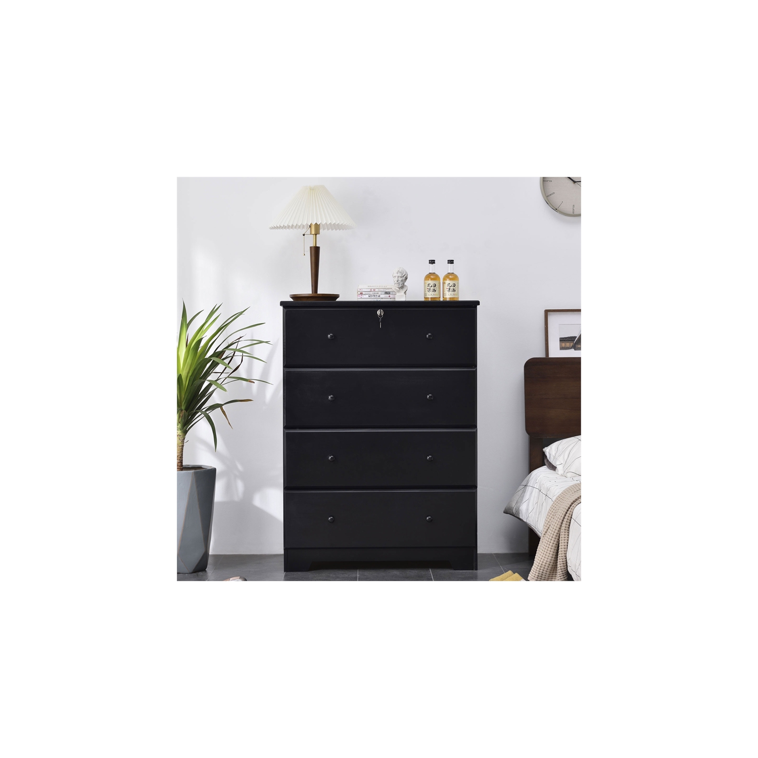 Pemberly Row Modern Solid Pine Wood 4 Drawer Chest Dresser in Black