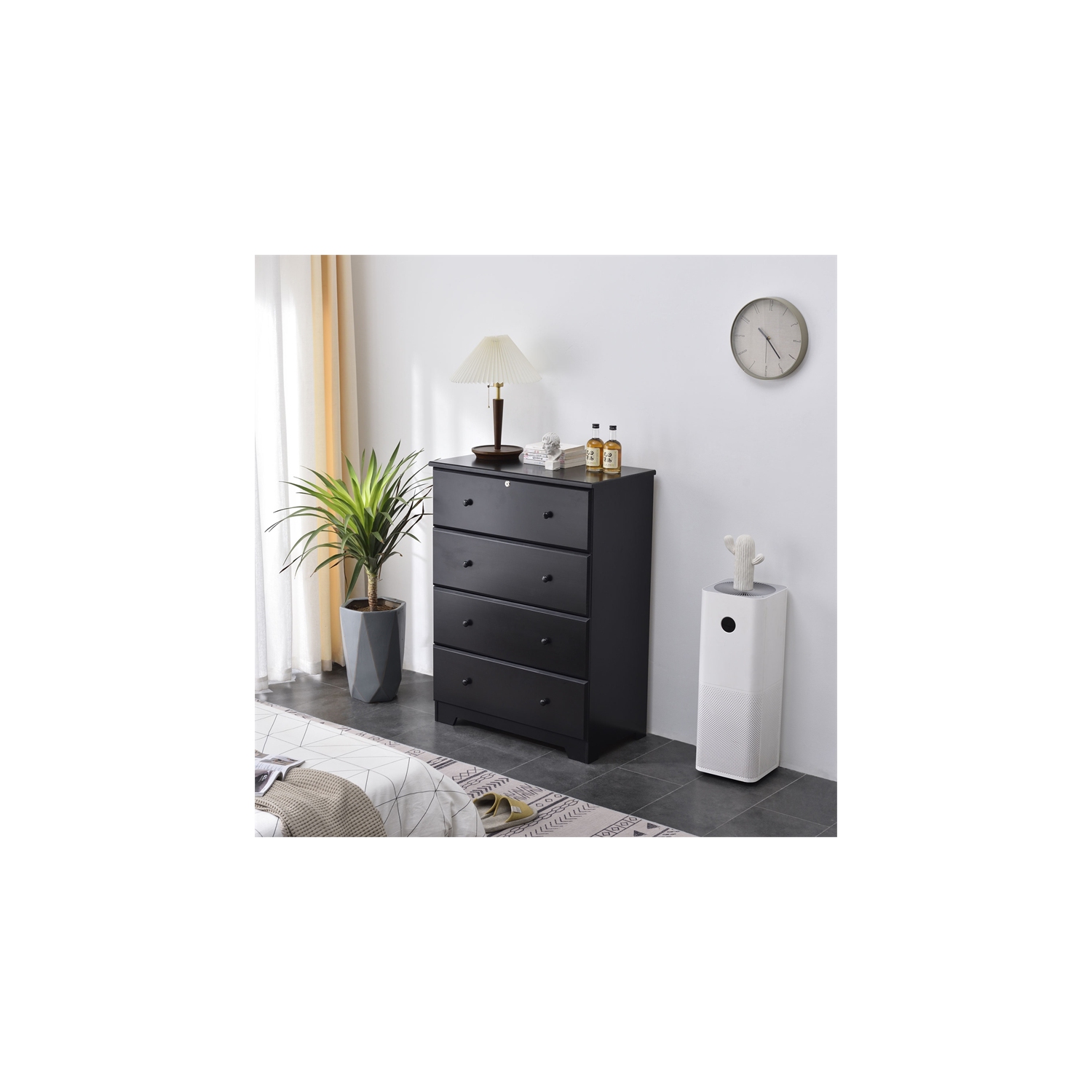 Pemberly Row Modern Solid Pine Wood 4 Drawer Chest Dresser in Black