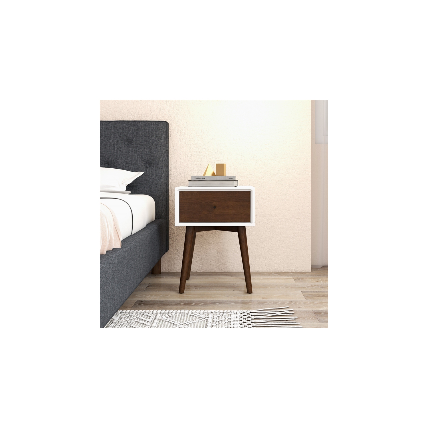 Pemberly Row Mid-Century Solid Wood 1-Drawer Night Stand in White