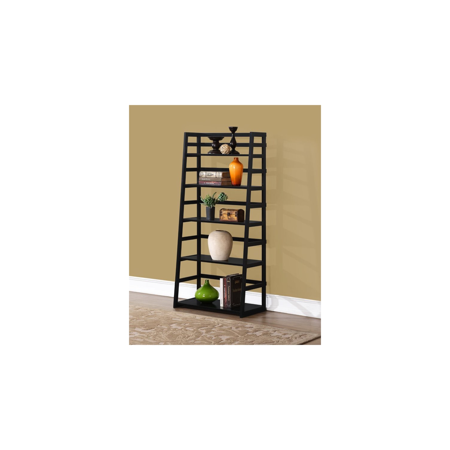 Pemberly Row Transitional Wood Ladder Shelf Bookcase in Black