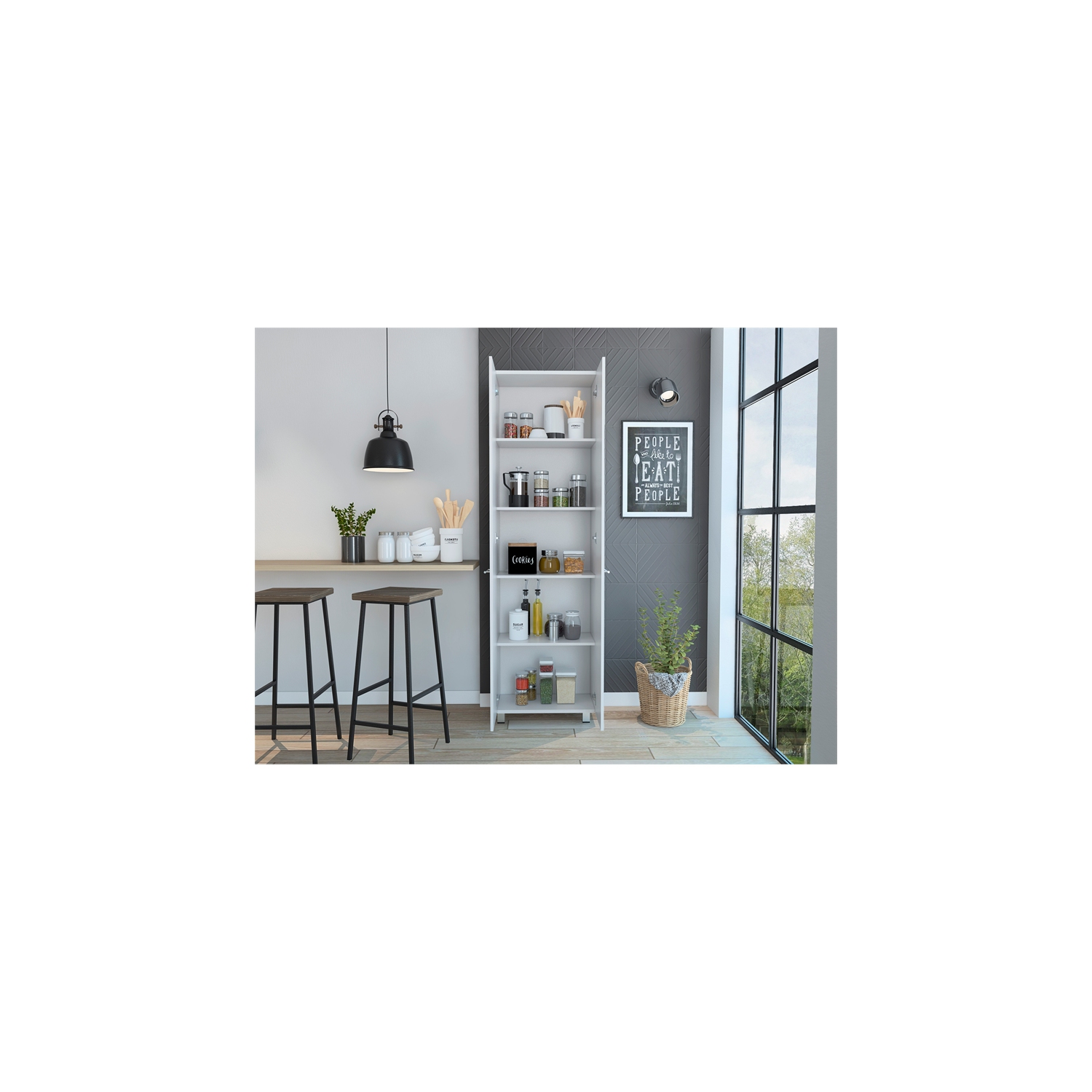 Pemberly Row Transitional White Modern Wood Pantry Cabinet