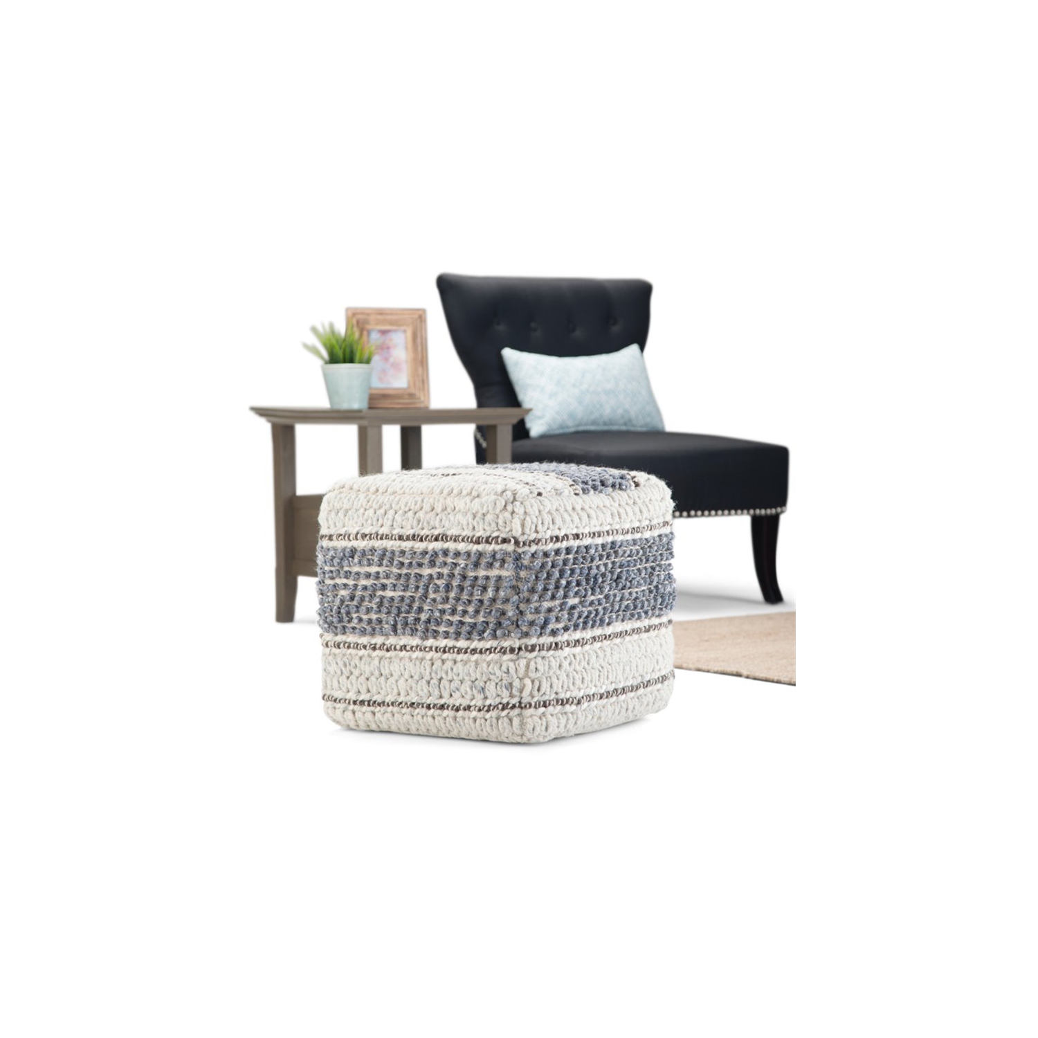 Trent Home Boho Square Pouf in Blue and Natural Handloom Woven