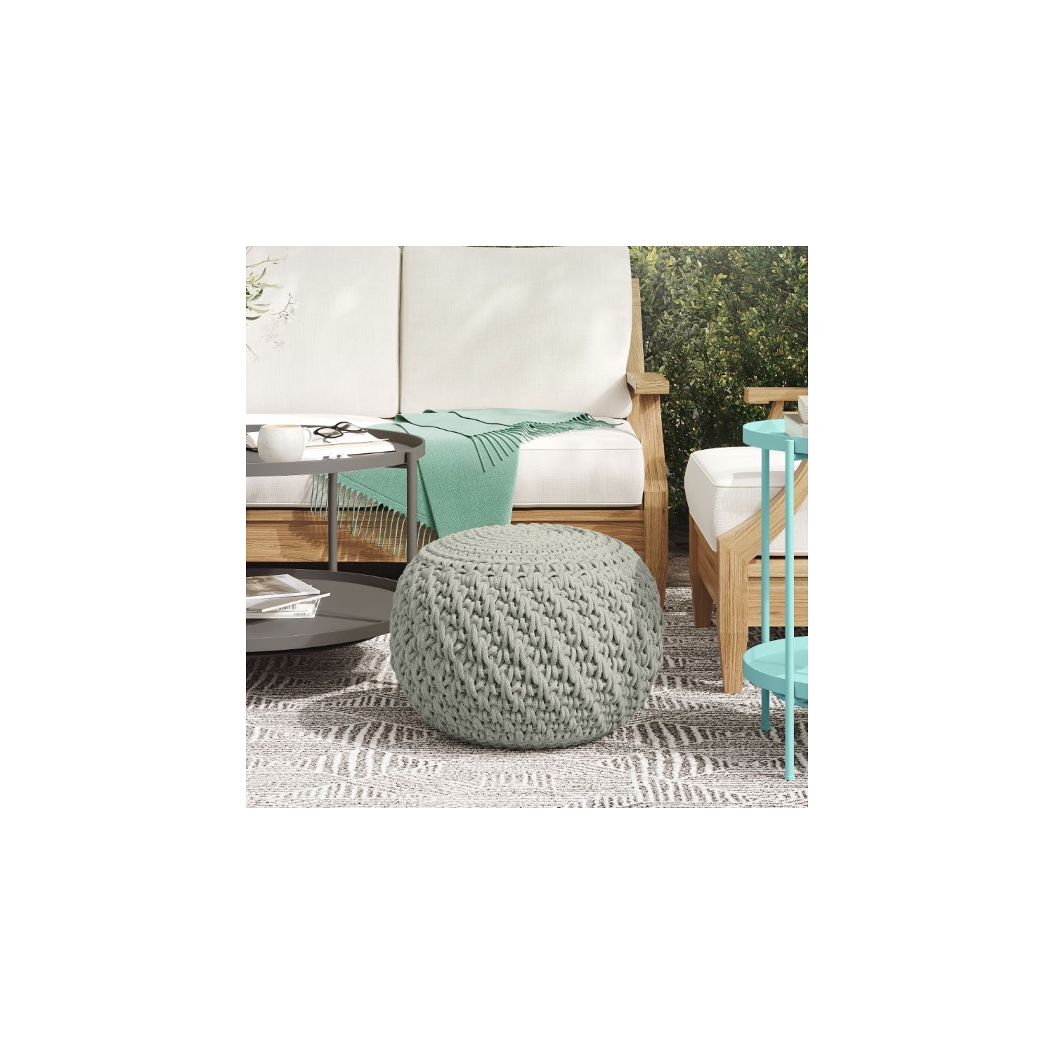Pemberly Row – Pouf moderne rond en tissu tricoté bohème, gris pâle