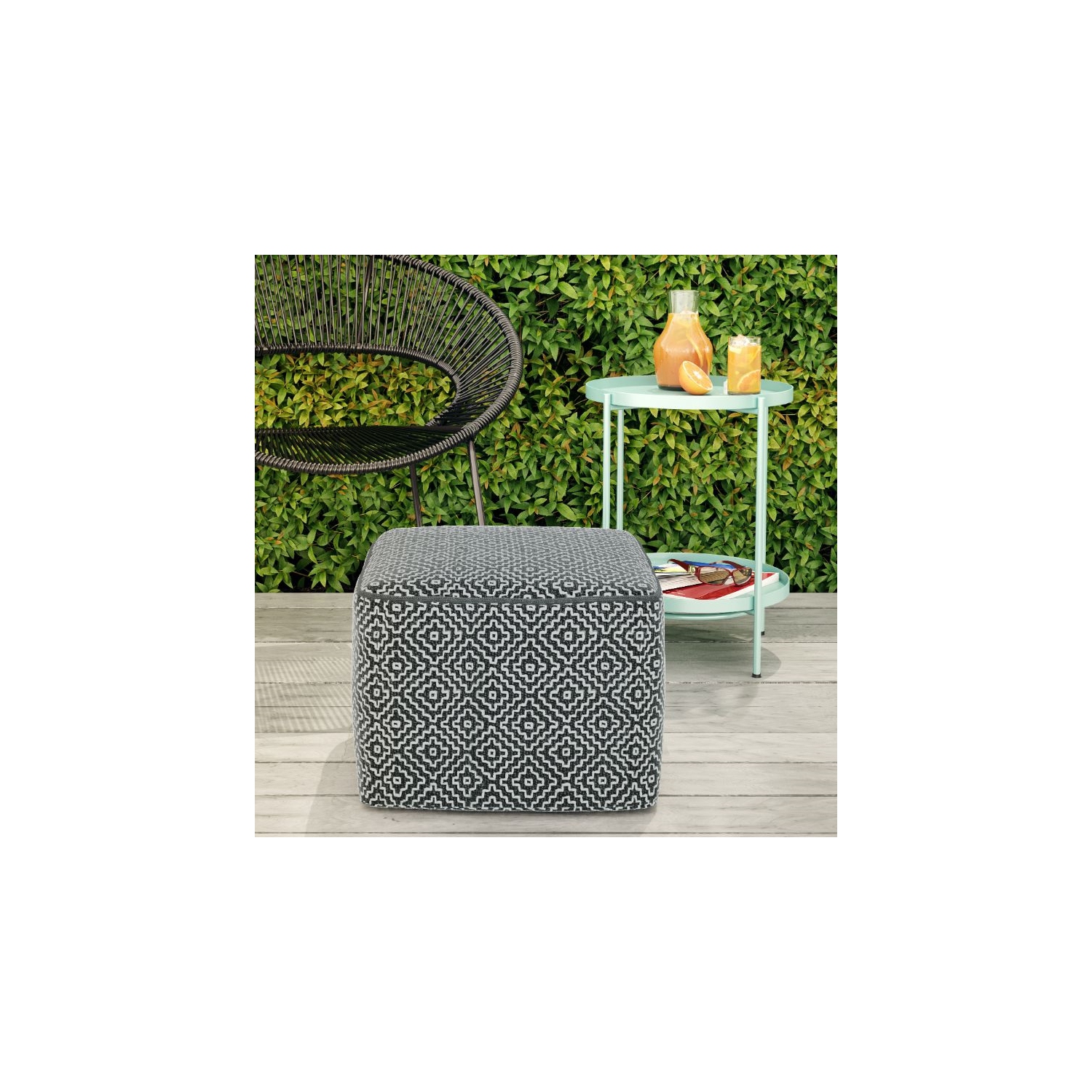 Pemberly Row Modern Boho Square Fabric Woven Pouf in Gray and White