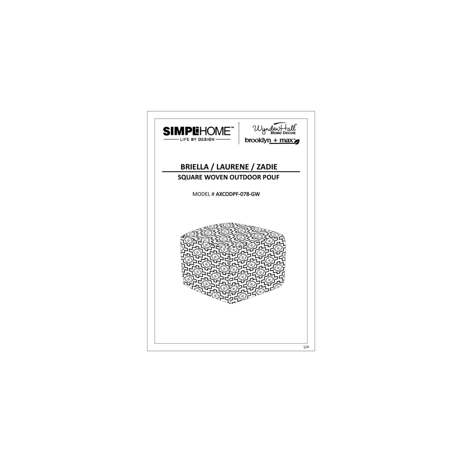 Pemberly Row Modern Boho Square Fabric Woven Pouf in Gray and White