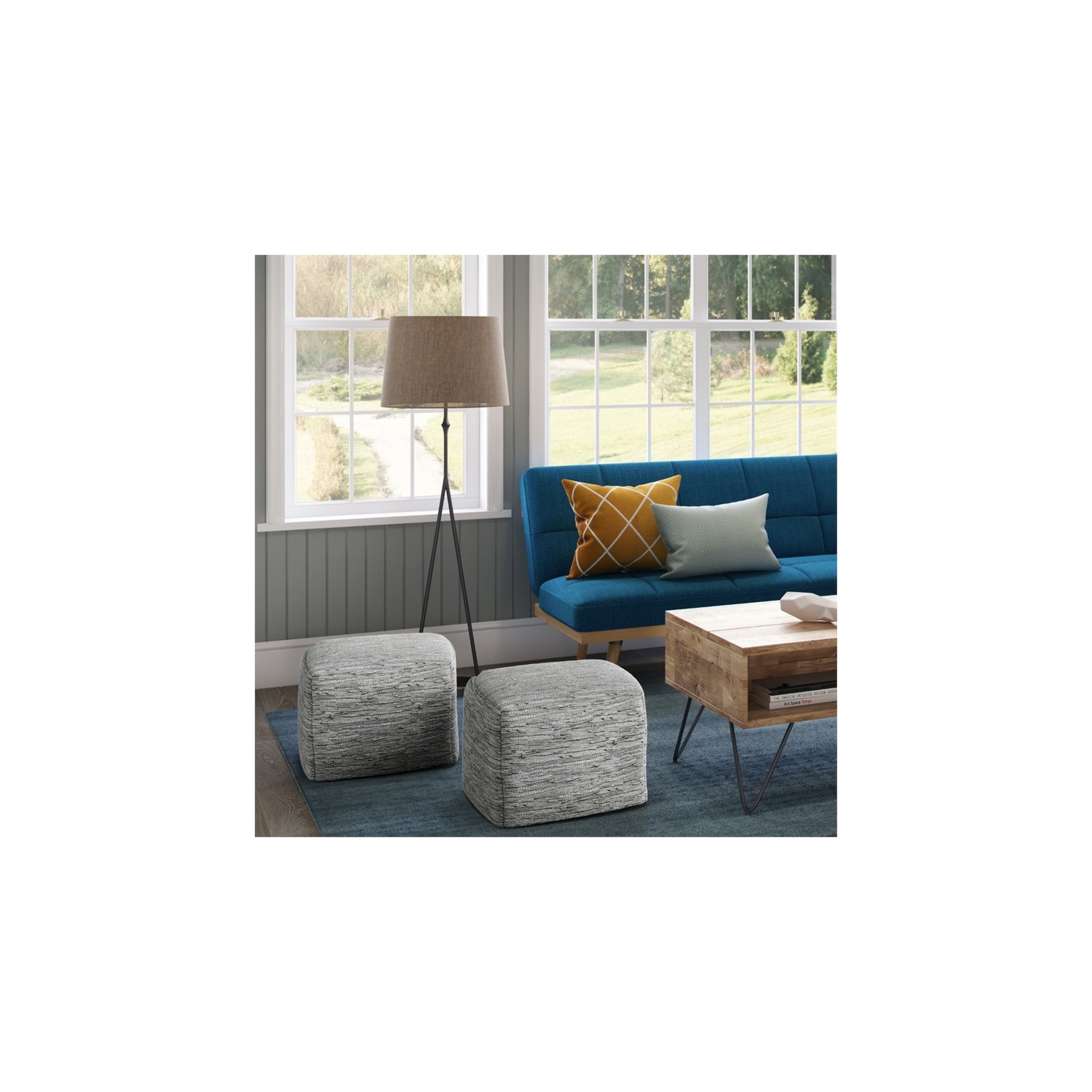 Pemberly Row Transitional Genuine Leather Boho Square Pouf in Cream