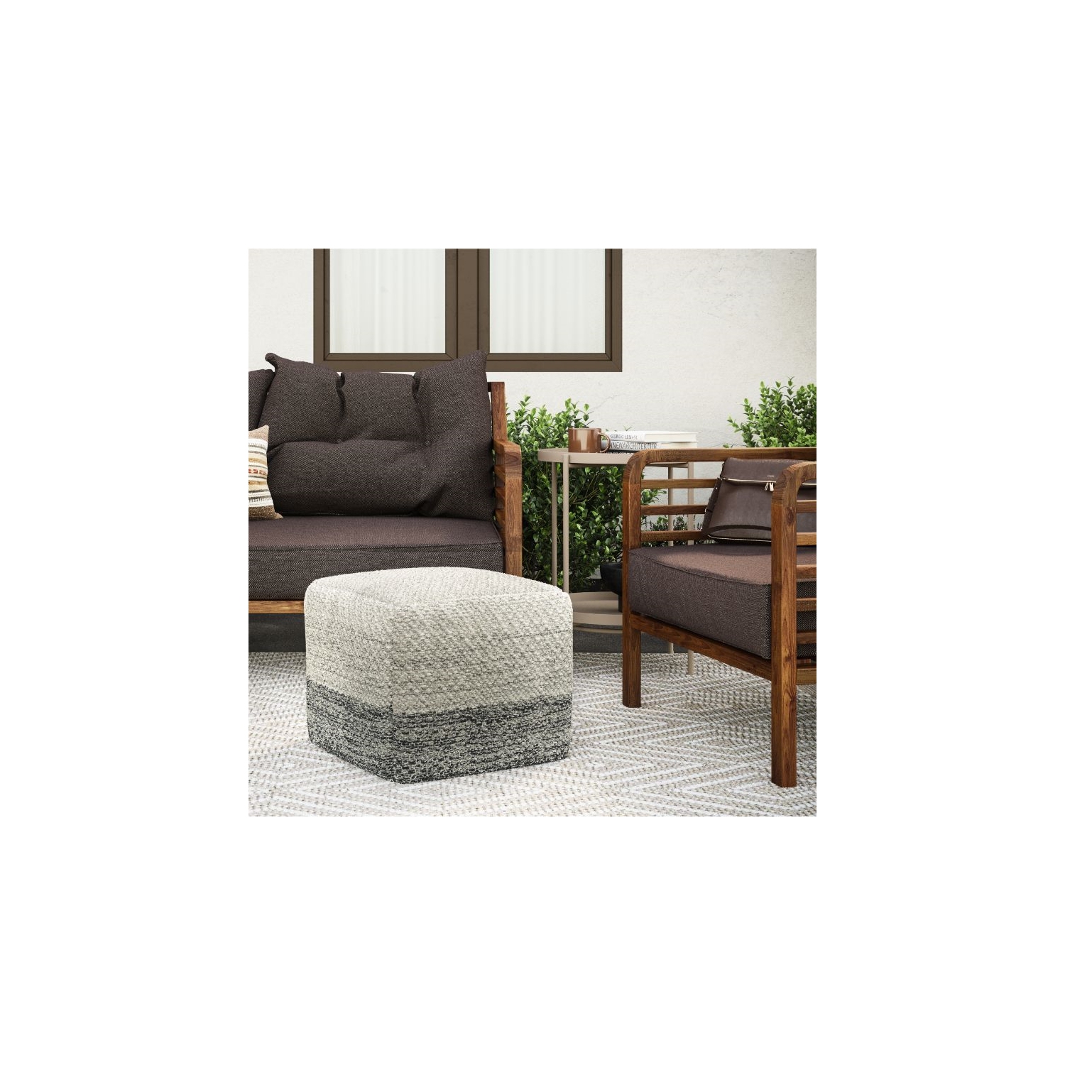 Pemberly Row Modern Boho Square Woven Pouf in Gray and White