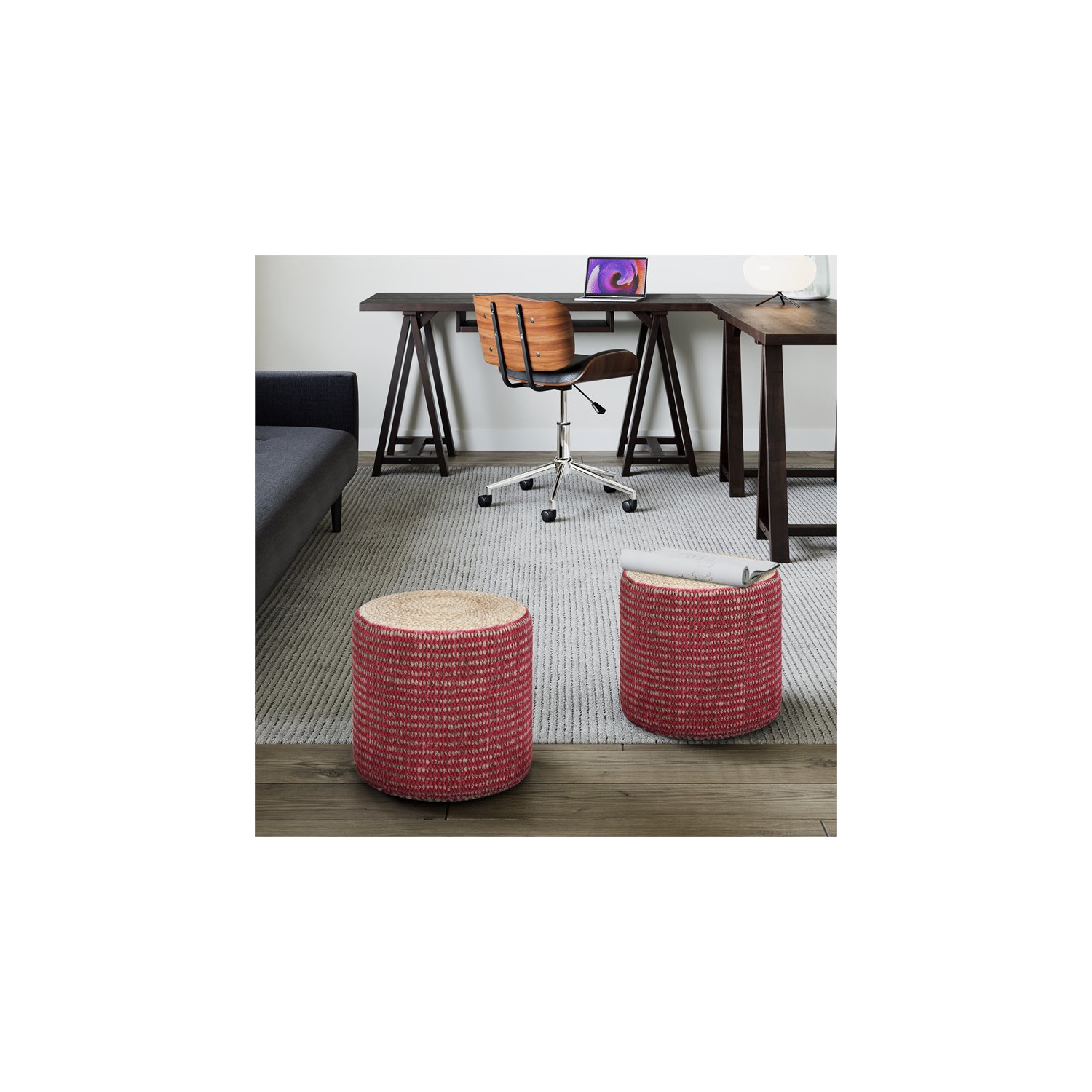 Trent Home – Pouf rond tressé Boho en jute naturelle et marron